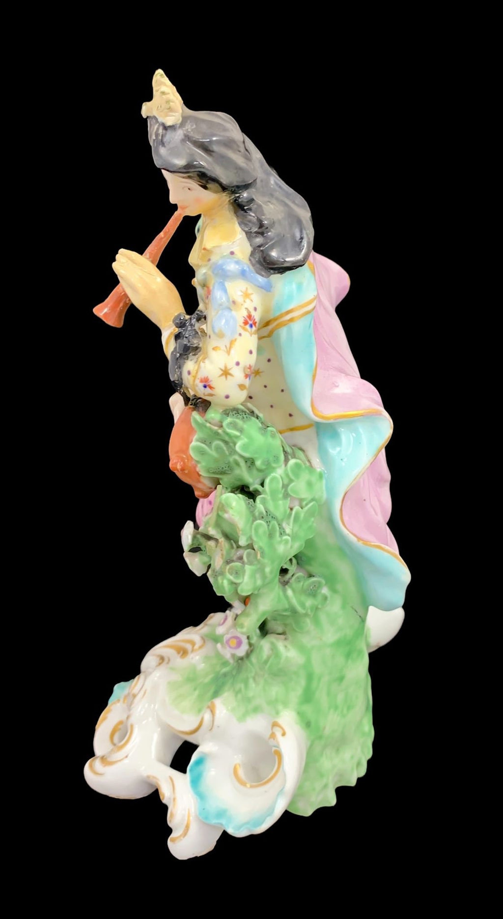 Early Derby soft-paste porcelain figurine "Piper" musician with pipe and tabor, c 1765, hand-painted and gilded, with patch marks