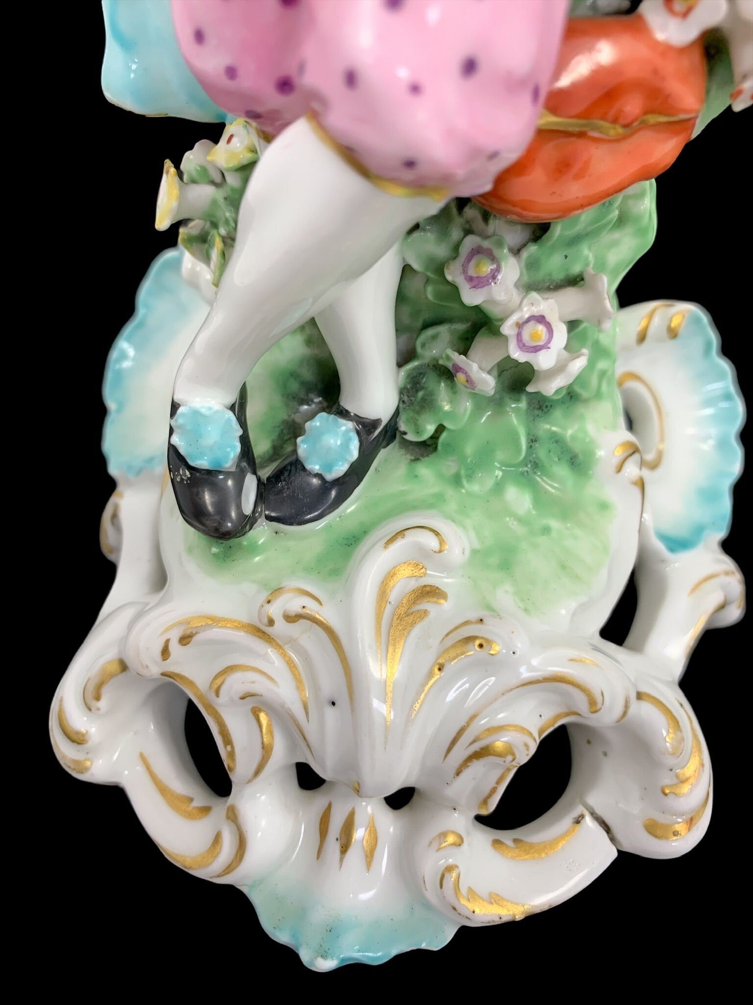 Early Derby soft-paste porcelain figurine "Piper" musician with pipe and tabor, c 1765, hand-painted and gilded, with patch marks