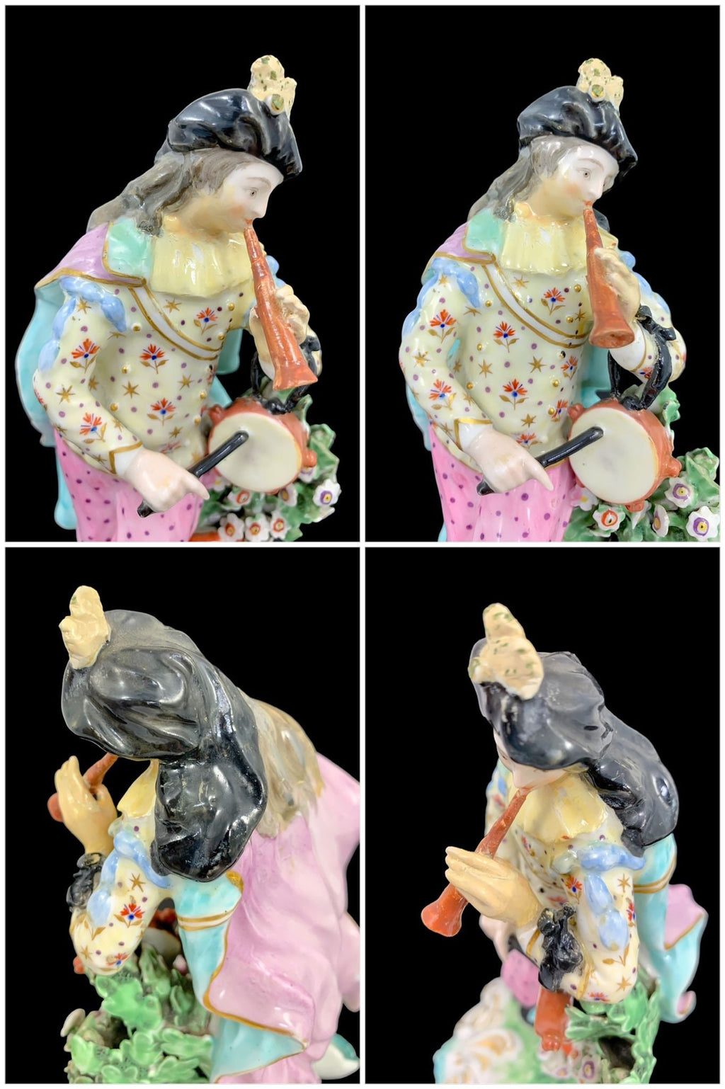 Early Derby soft-paste porcelain figurine "Piper" musician with pipe and tabor, c 1765, hand-painted and gilded, with patch marks