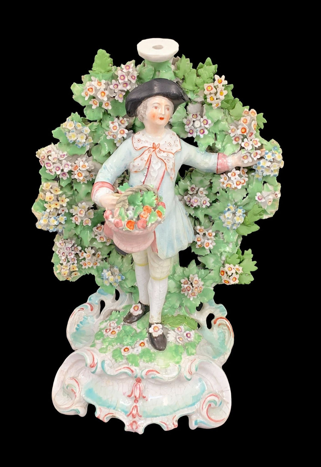 Rare Derby Porcelain Figural Candlesticks: Basket Shepherds, Circa 1765