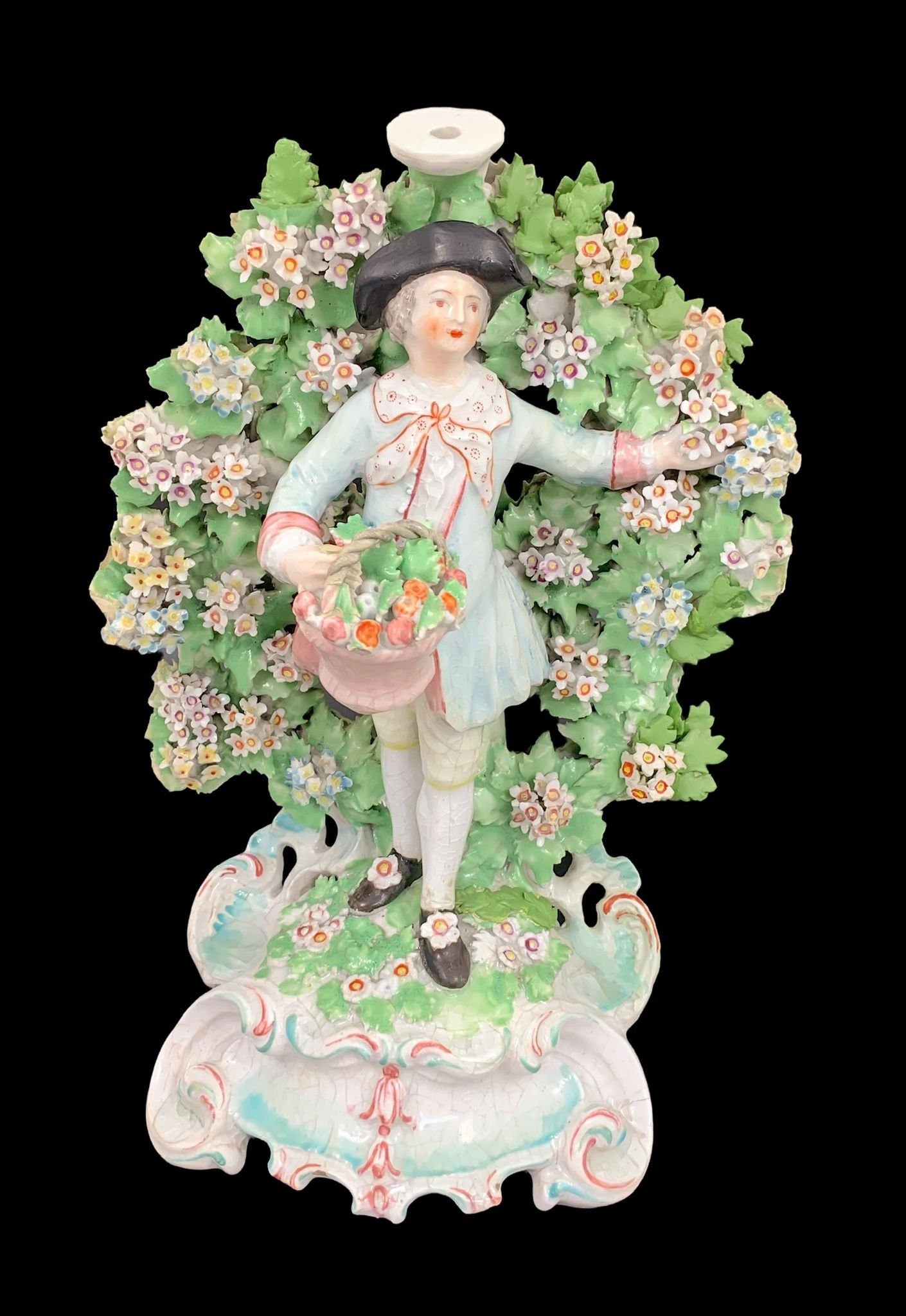 Rare Derby Porcelain Figural Candlesticks: Basket Shepherds, Circa 1765