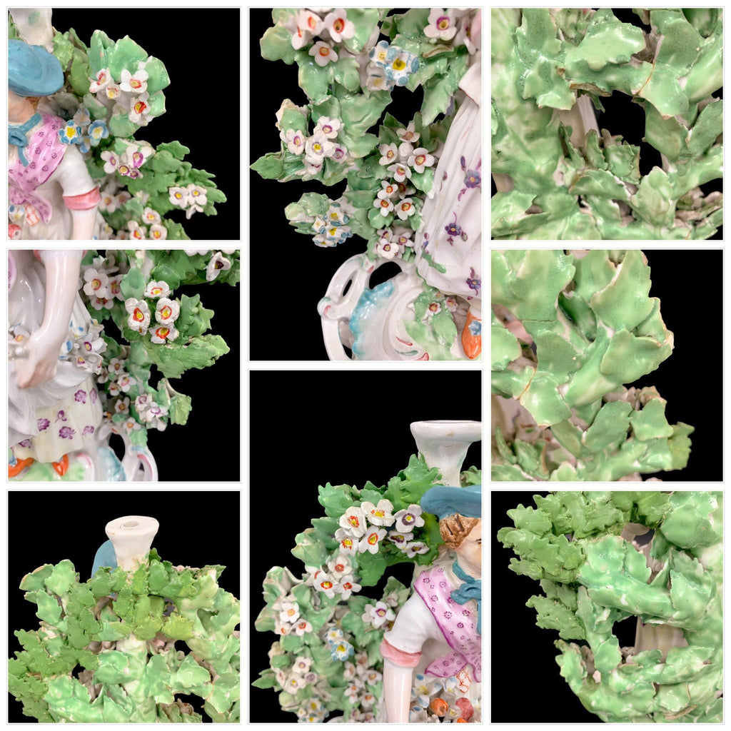 Rare Derby Porcelain Figural Candlesticks: Basket Shepherds, Circa 1765
