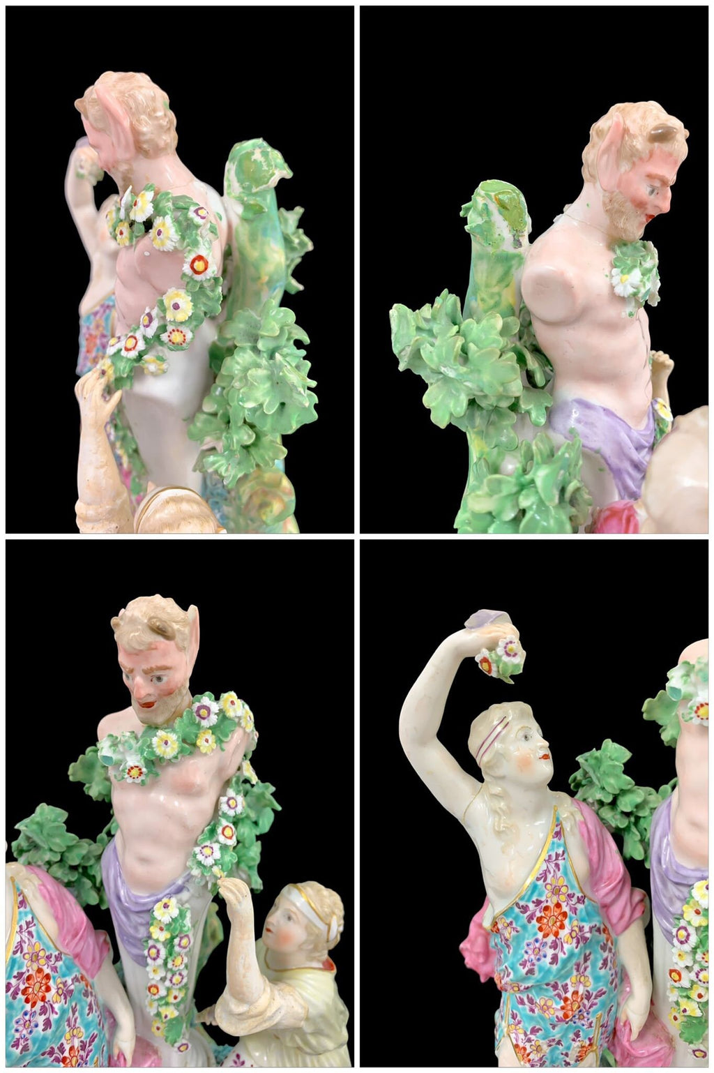 Antique Derby Porcelain Figure: Two Bacchantes Adorning Pan, c1765