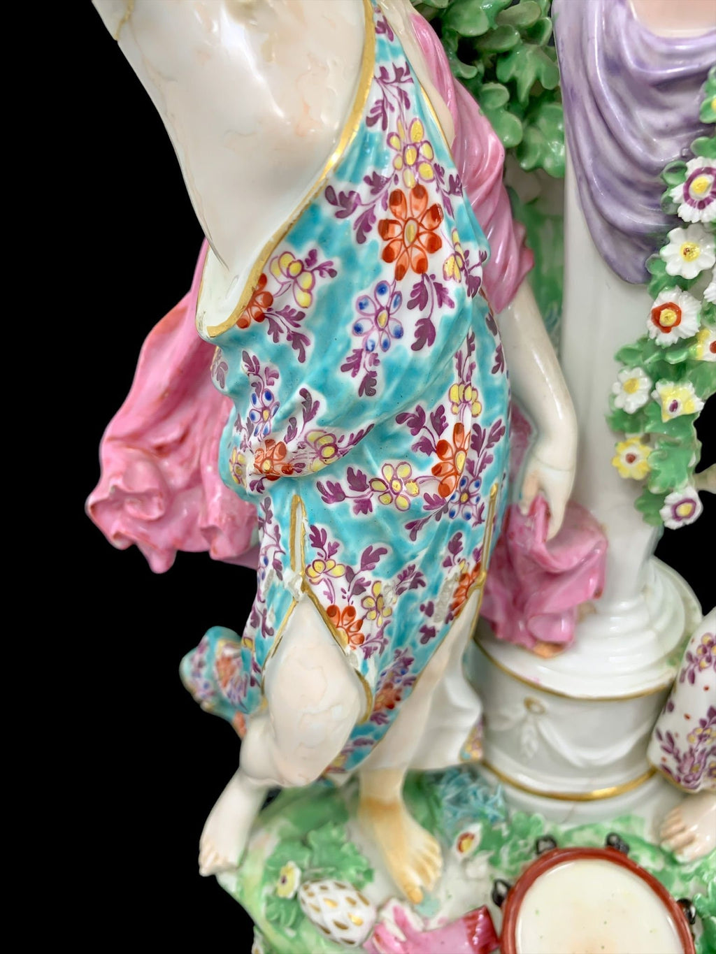 Antique Derby Porcelain Figure: Two Bacchantes Adorning Pan, c1765