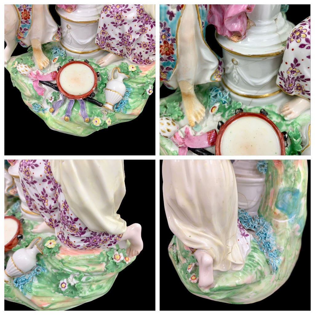 Antique Derby Porcelain Figure: Two Bacchantes Adorning Pan, c1765