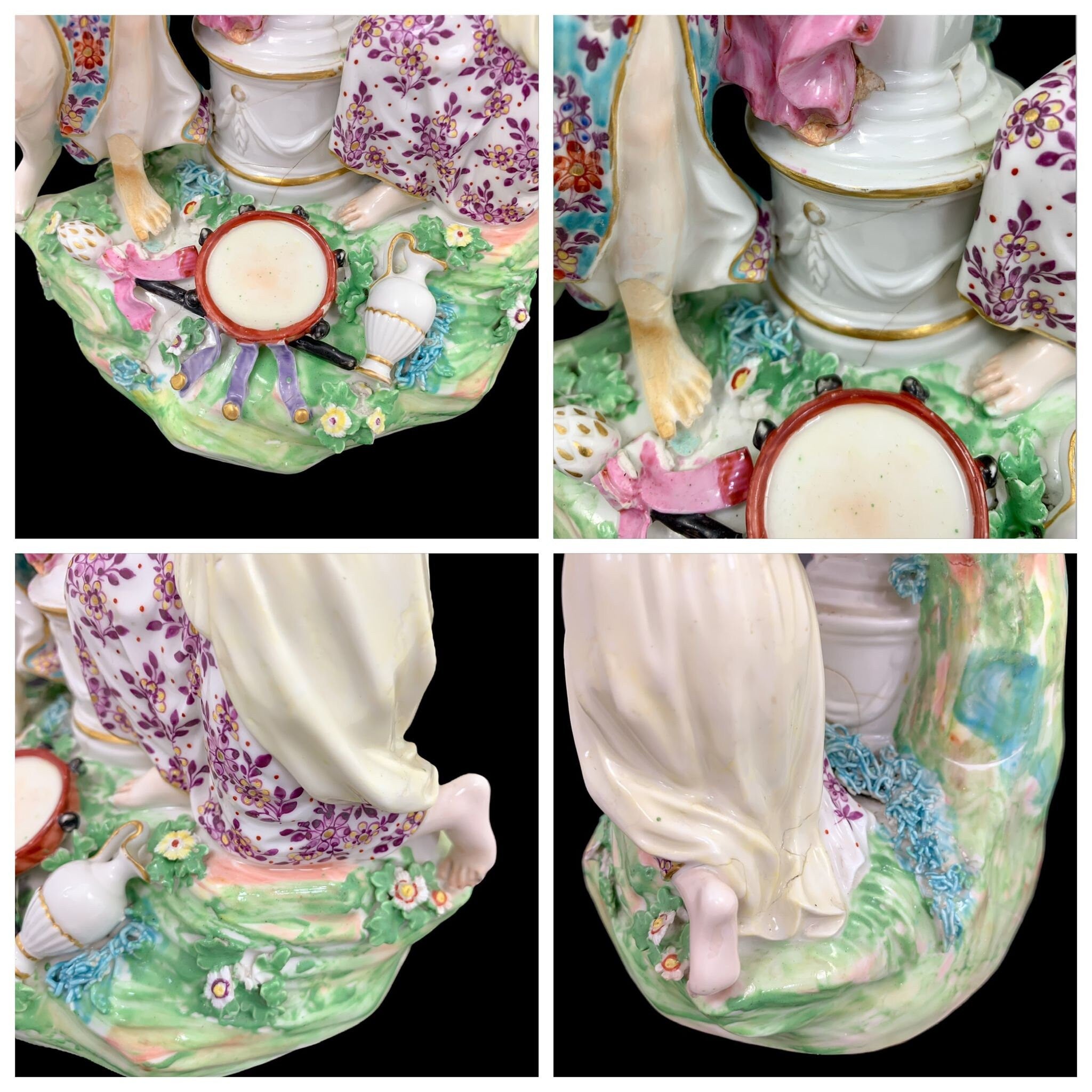Antique Derby Porcelain Figure: Two Bacchantes Adorning Pan, c1765