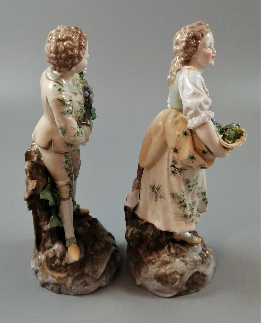 Antique Volkstedt Porcelain Figurines: Hand-Painted Grape Pickers, c. 1880s