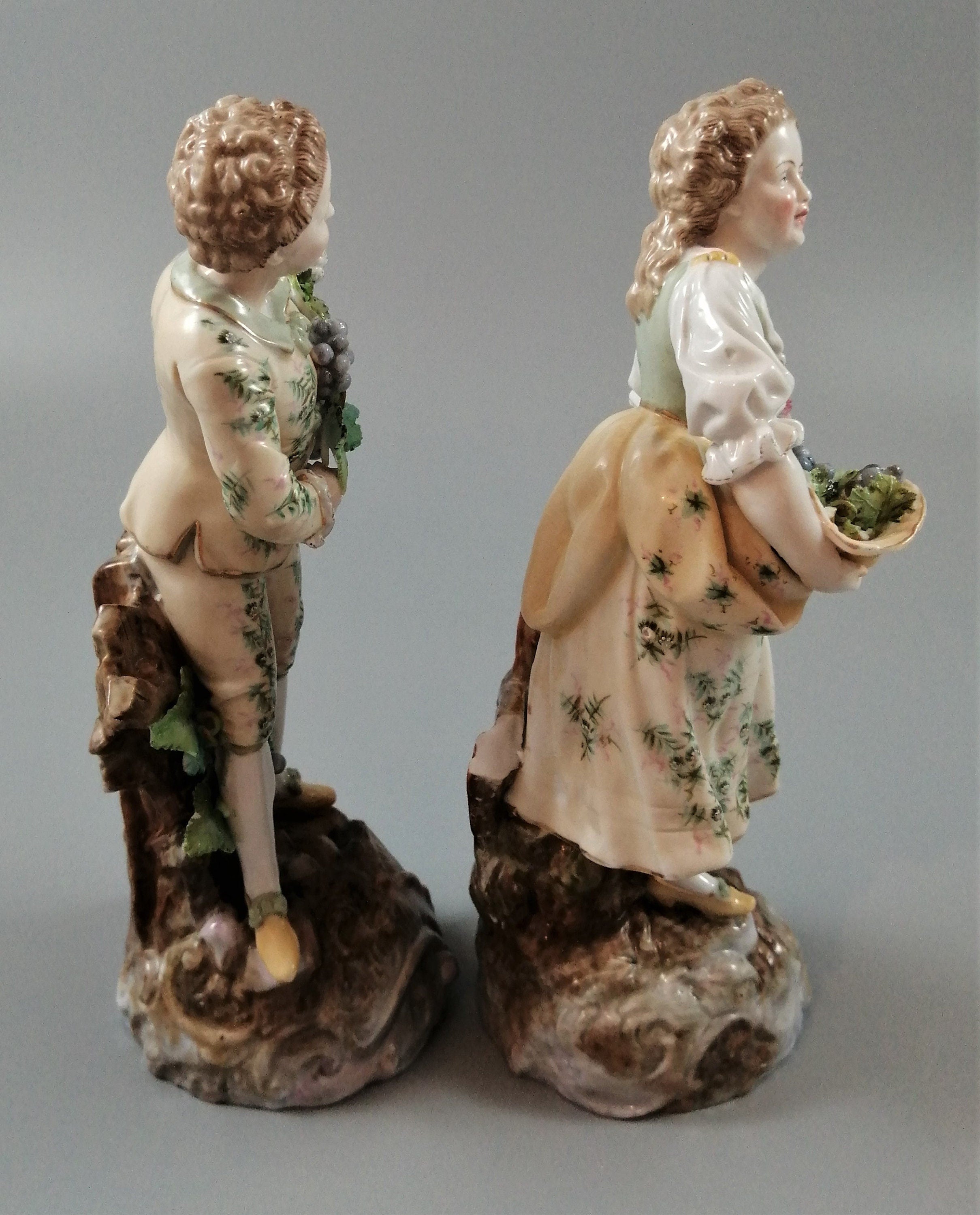 Antique Volkstedt Porcelain Figurines: Hand-Painted Grape Pickers, c. 1880s