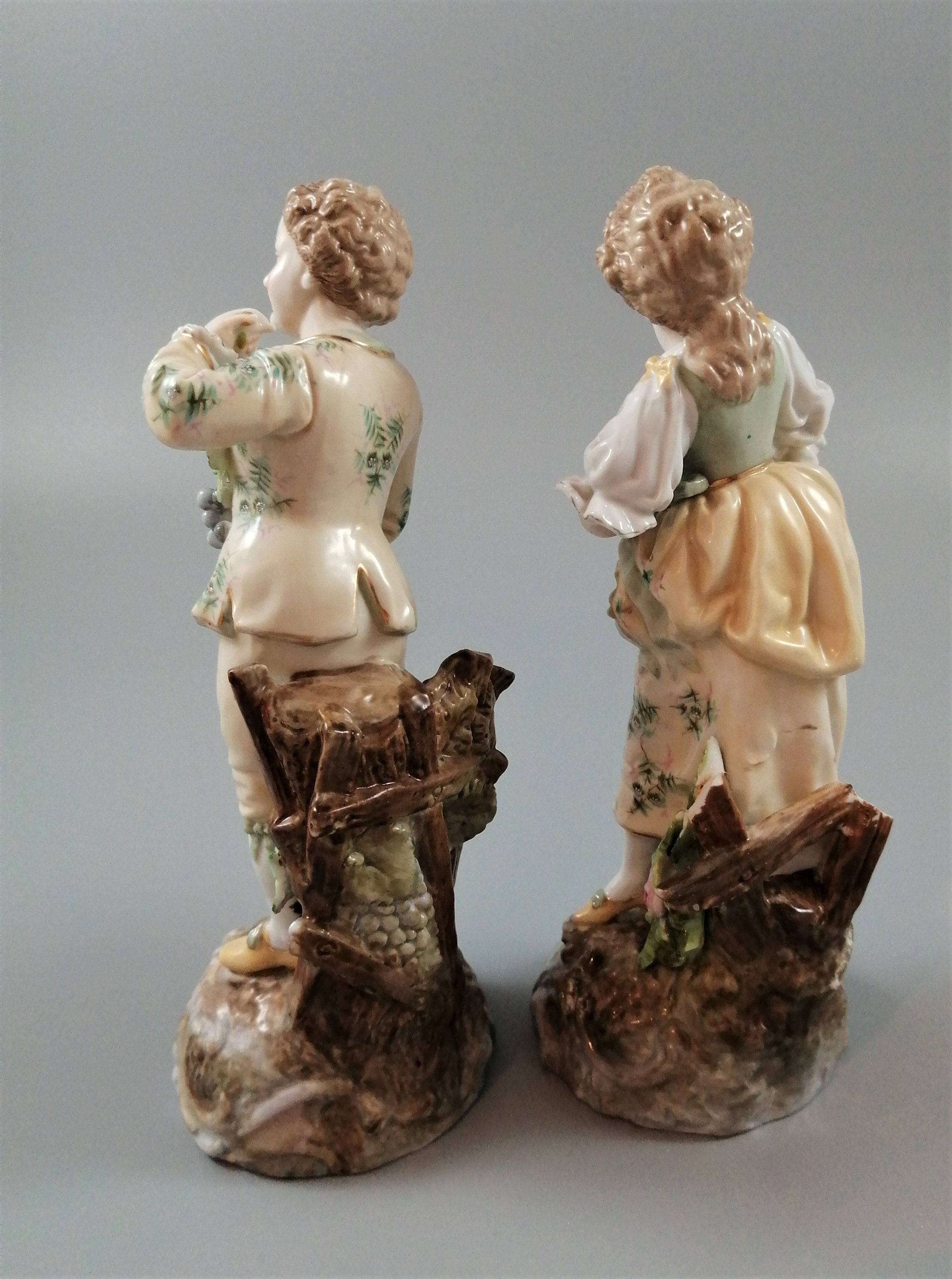 Antique Volkstedt Porcelain Figurines: Hand-Painted Grape Pickers, c. 1880s