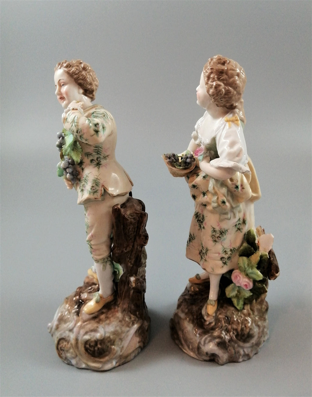 Antique Volkstedt Porcelain Figurines: Hand-Painted Grape Pickers, c. 1880s