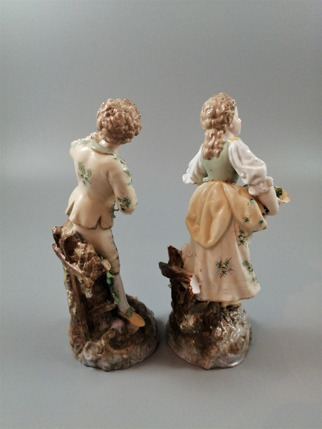 Antique Volkstedt Porcelain Figurines: Hand-Painted Grape Pickers, c. 1880s