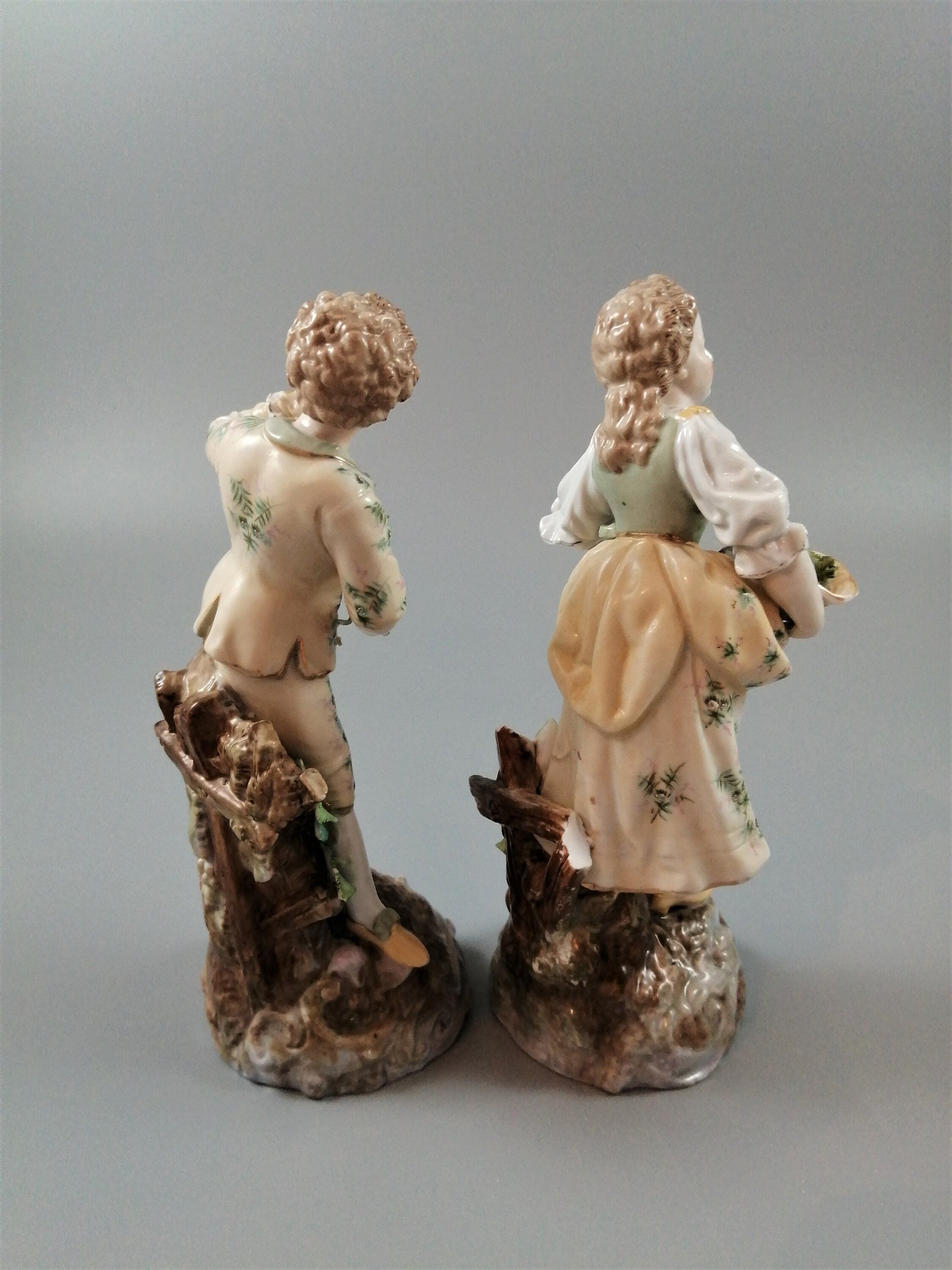 Antique Volkstedt Porcelain Figurines: Hand-Painted Grape Pickers, c. 1880s