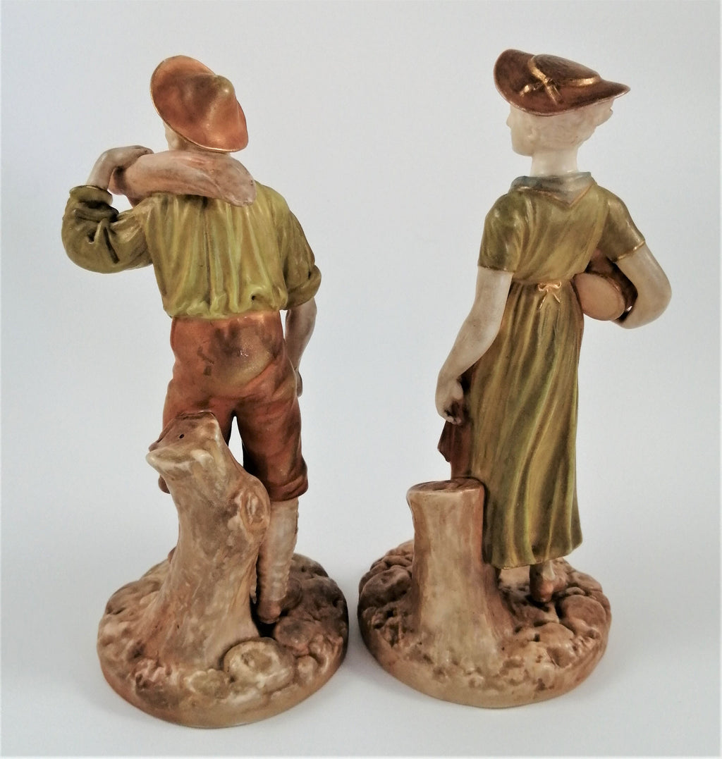 Antique Royal Worcester Figurines: Woodsman and Wife, James Hadley, c. 1899