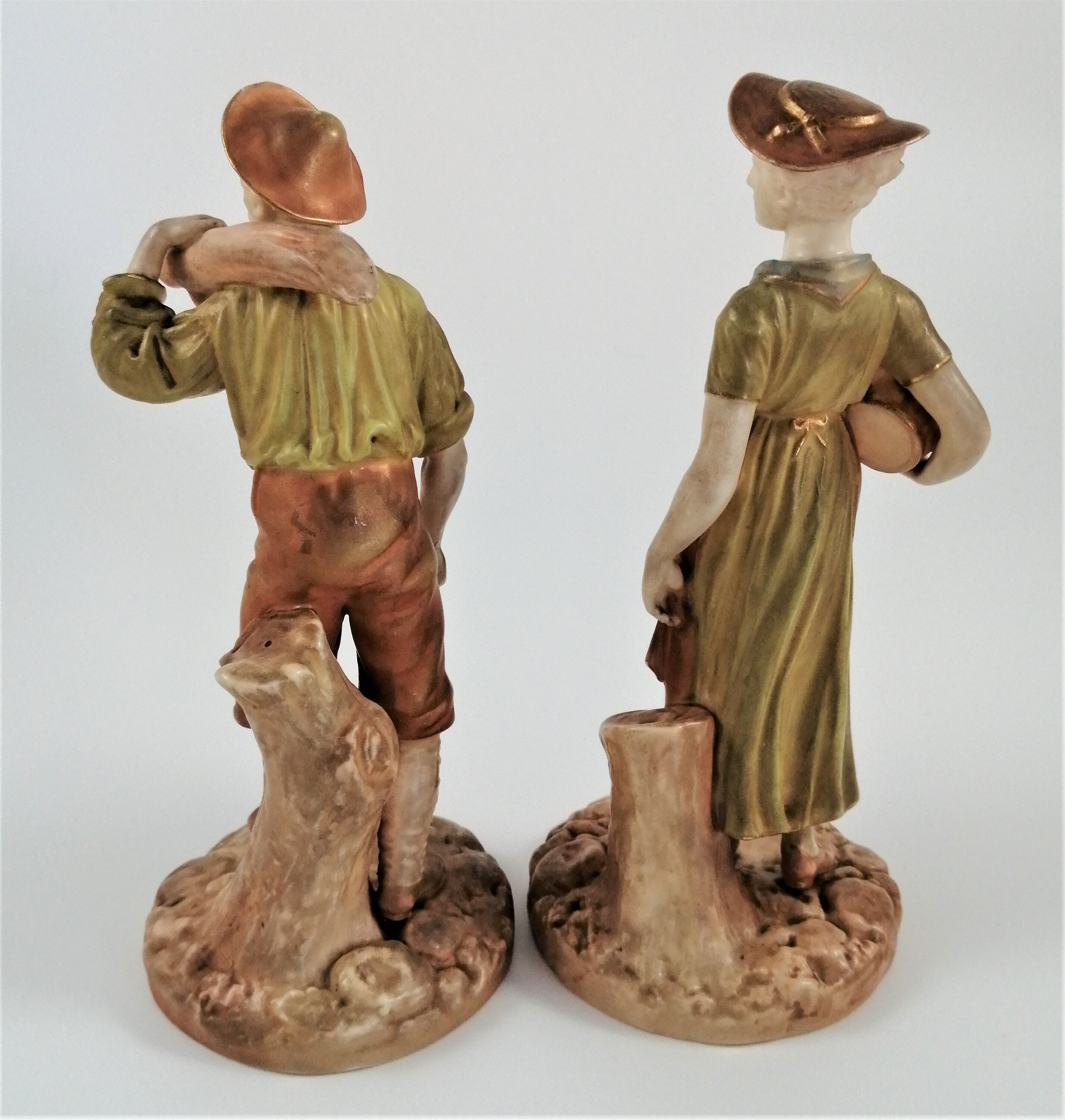 Antique Royal Worcester Figurines: Woodsman and Wife, James Hadley, c. 1899