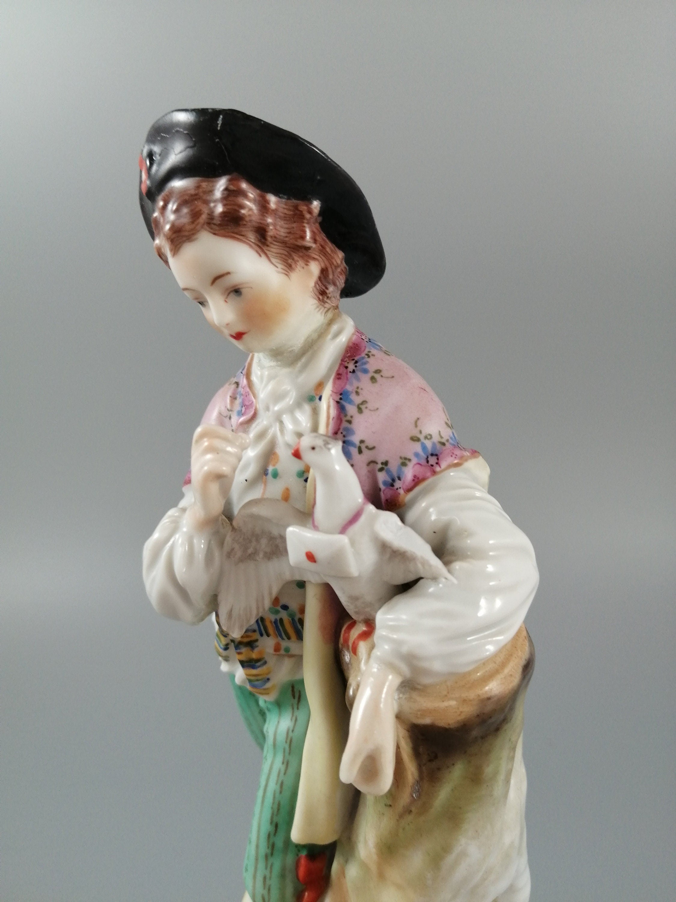 Antique Carl Thieme Dresden Porcelain Shepherd Figurine, Lamb & Dove, 1901