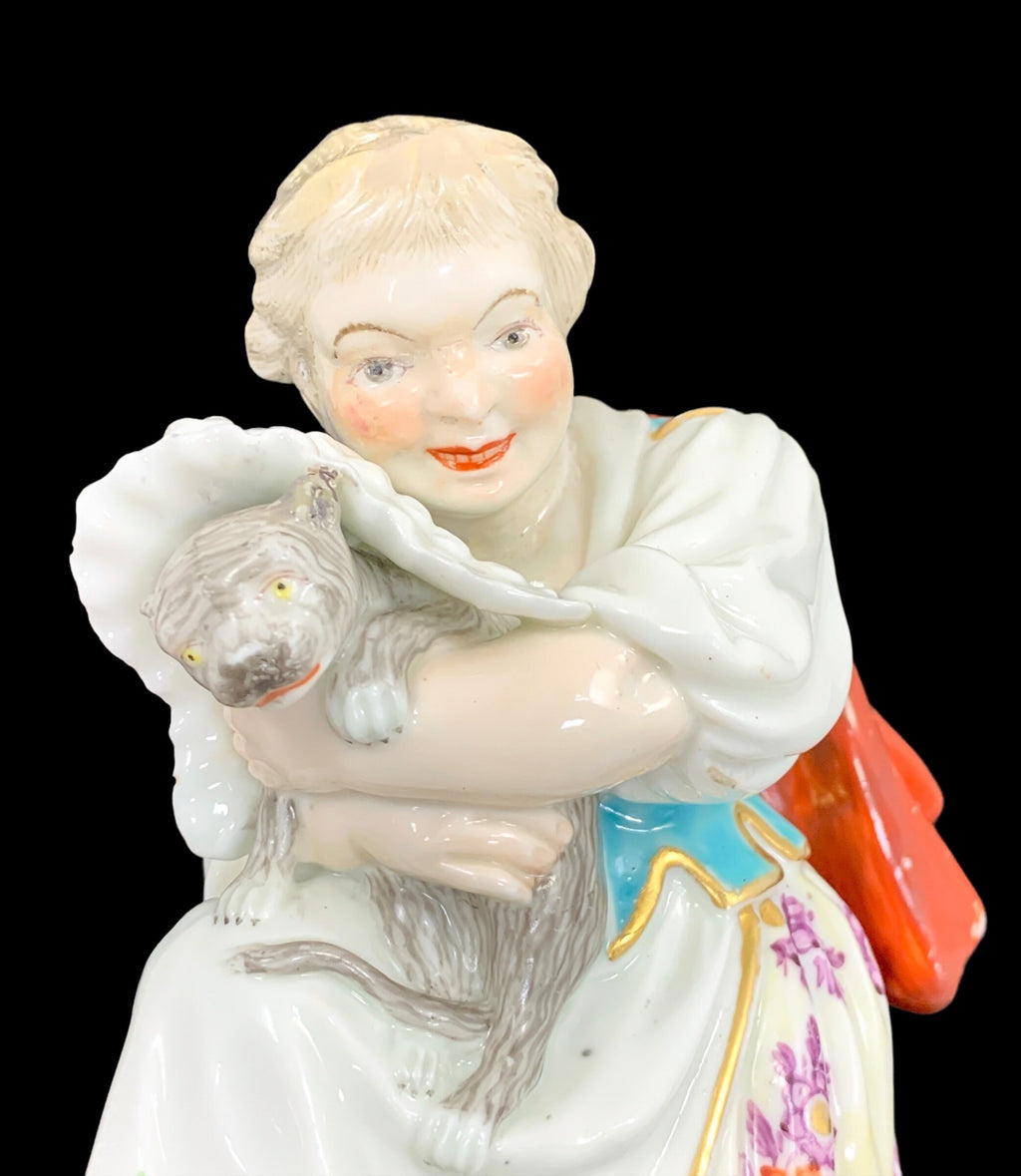 Rare Derby Porcelain Figurine: Girl with Macaroni Cat, c.1775