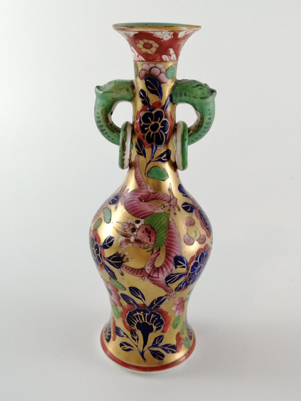 Rare Mason's Ironstone Vase: Pink & Green Dragons, Elephant Handles, c.1800-1816