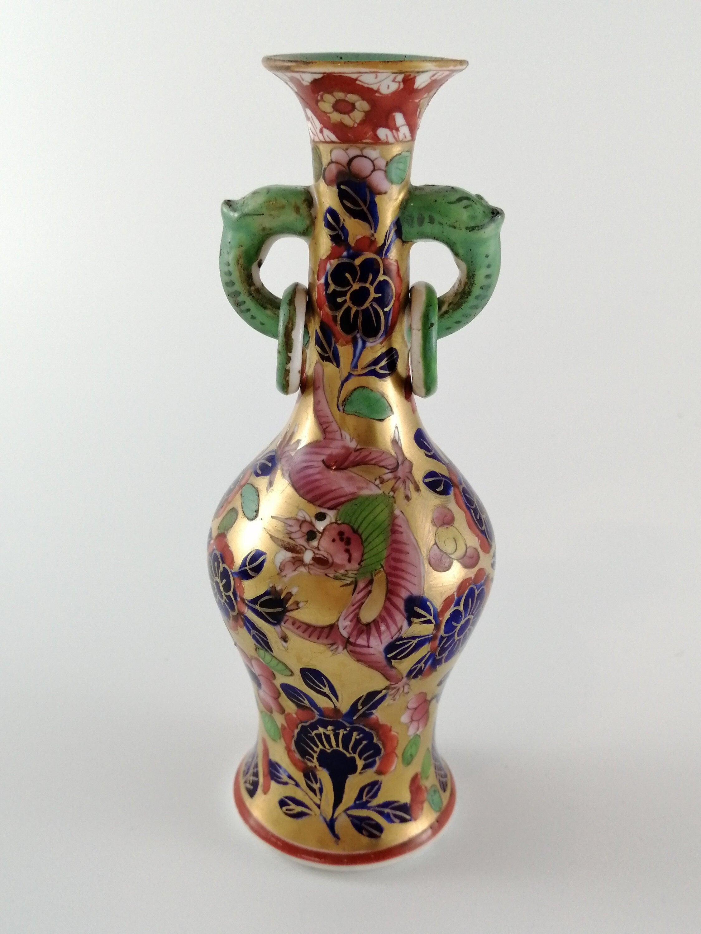 Rare Mason's Ironstone Vase: Pink & Green Dragons, Elephant Handles, c.1800-1816