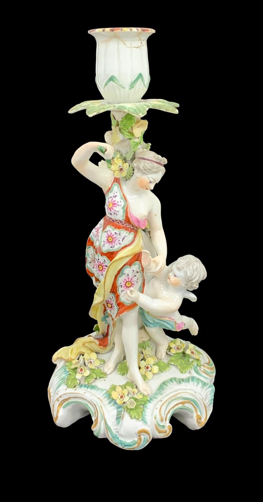 Early Derby Porcelain Candlestick: Venus and Cupid Figurine, Rococo Rocaille Base, c. 1765