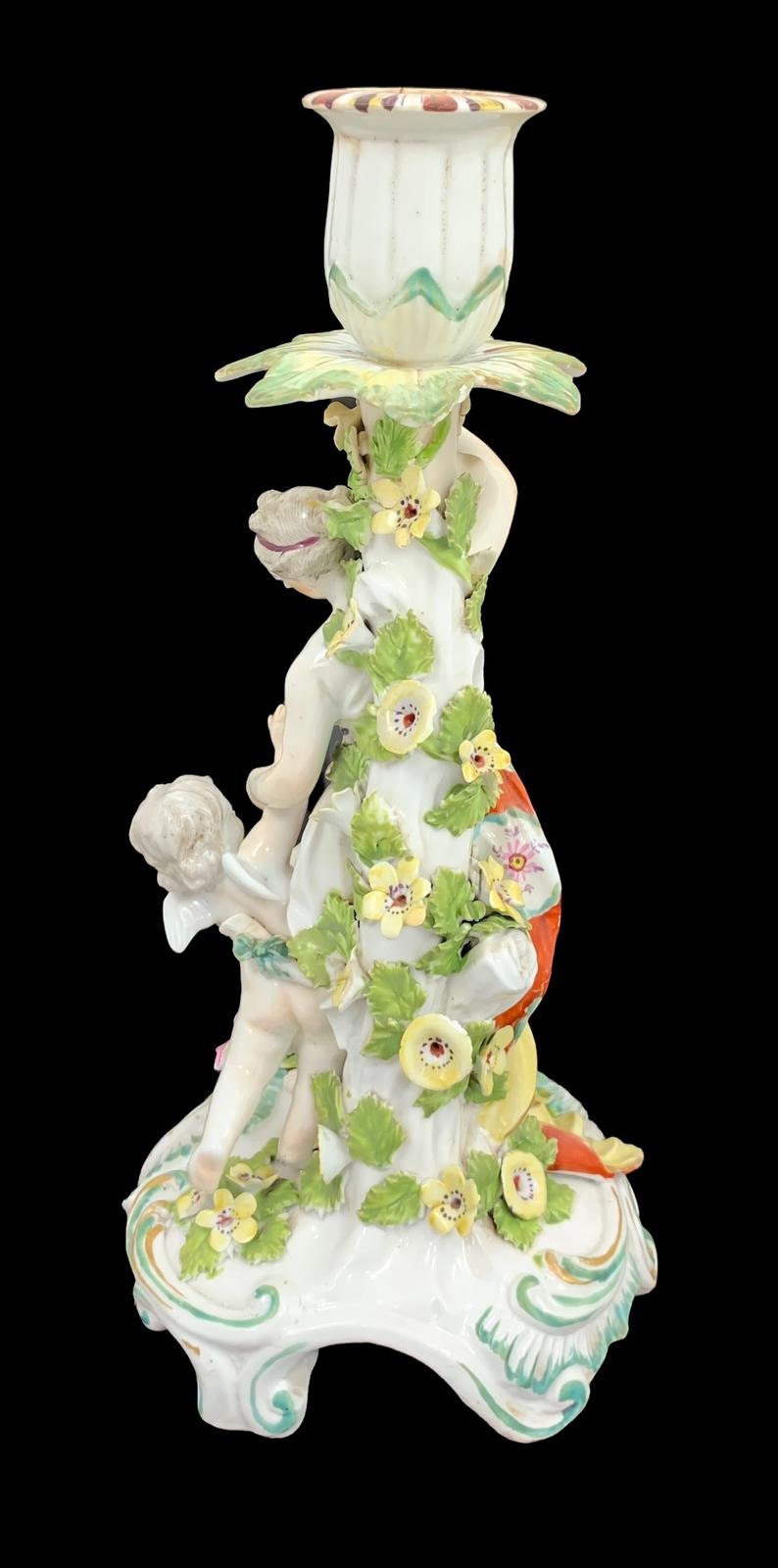Early Derby Porcelain Candlestick: Venus and Cupid Figurine, Rococo Rocaille Base, c. 1765