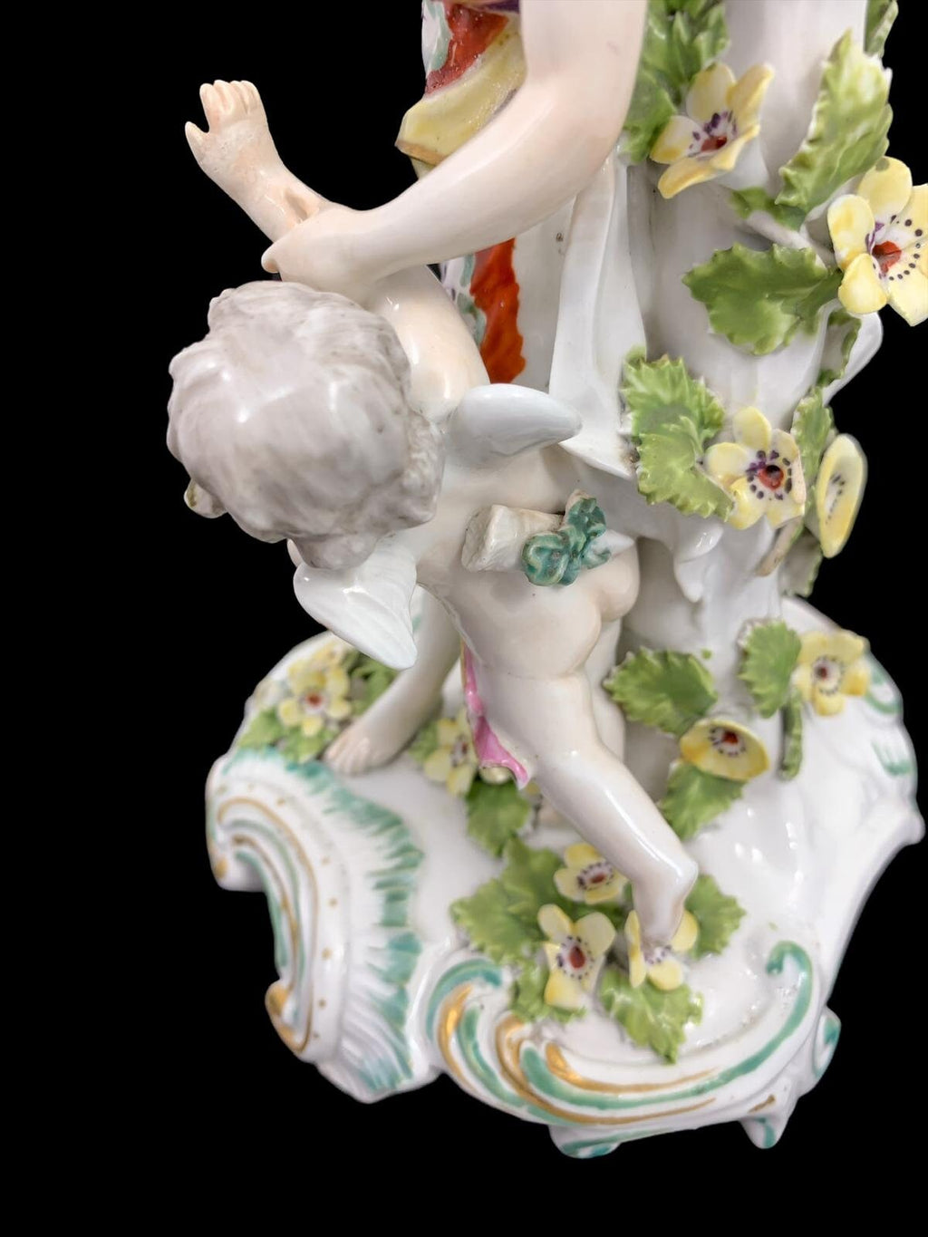 Early Derby Porcelain Candlestick: Venus and Cupid Figurine, Rococo Rocaille Base, c. 1765