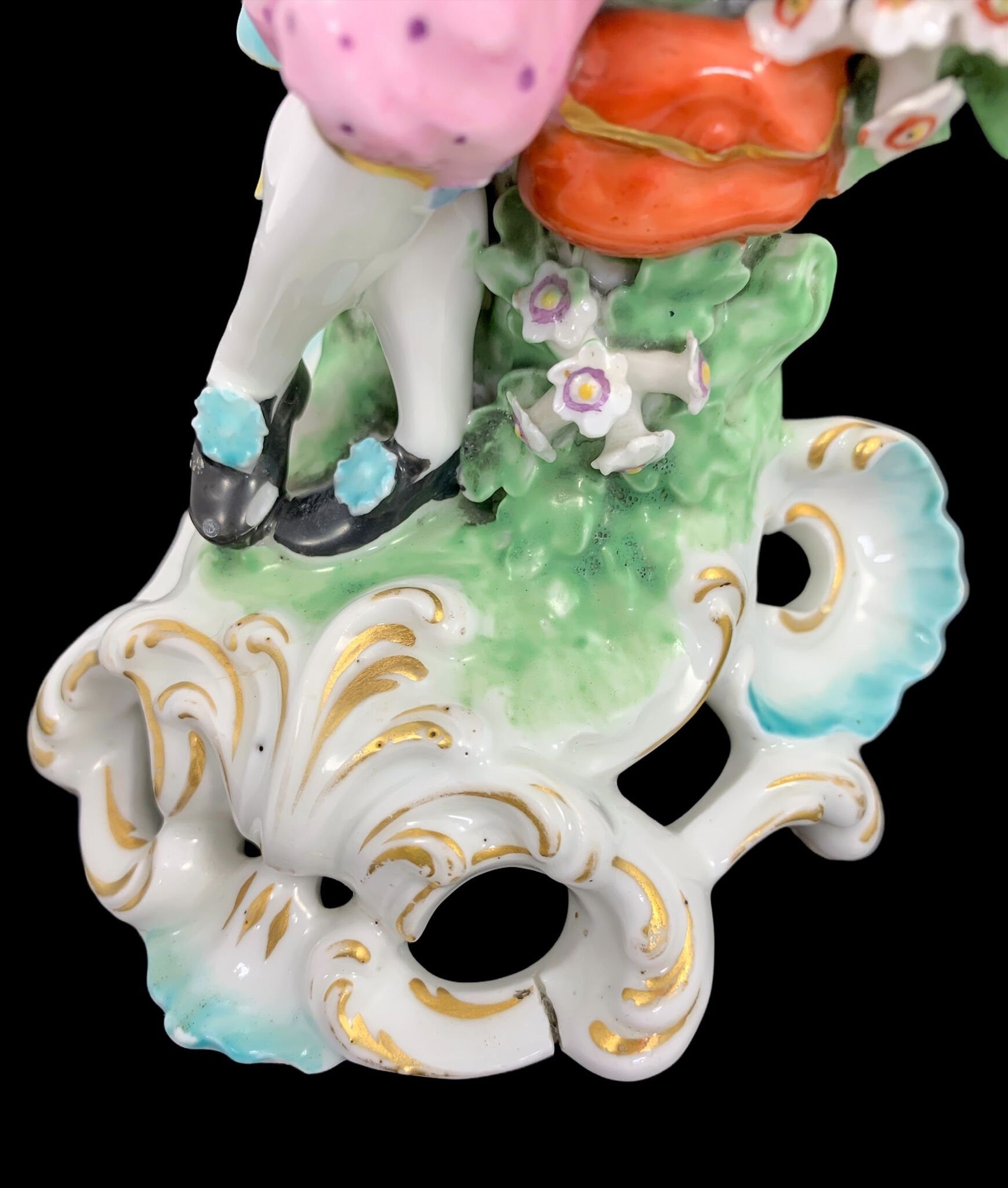Early Derby soft-paste porcelain figurine "Piper" musician with pipe and tabor, c 1765, hand-painted and gilded, with patch marks