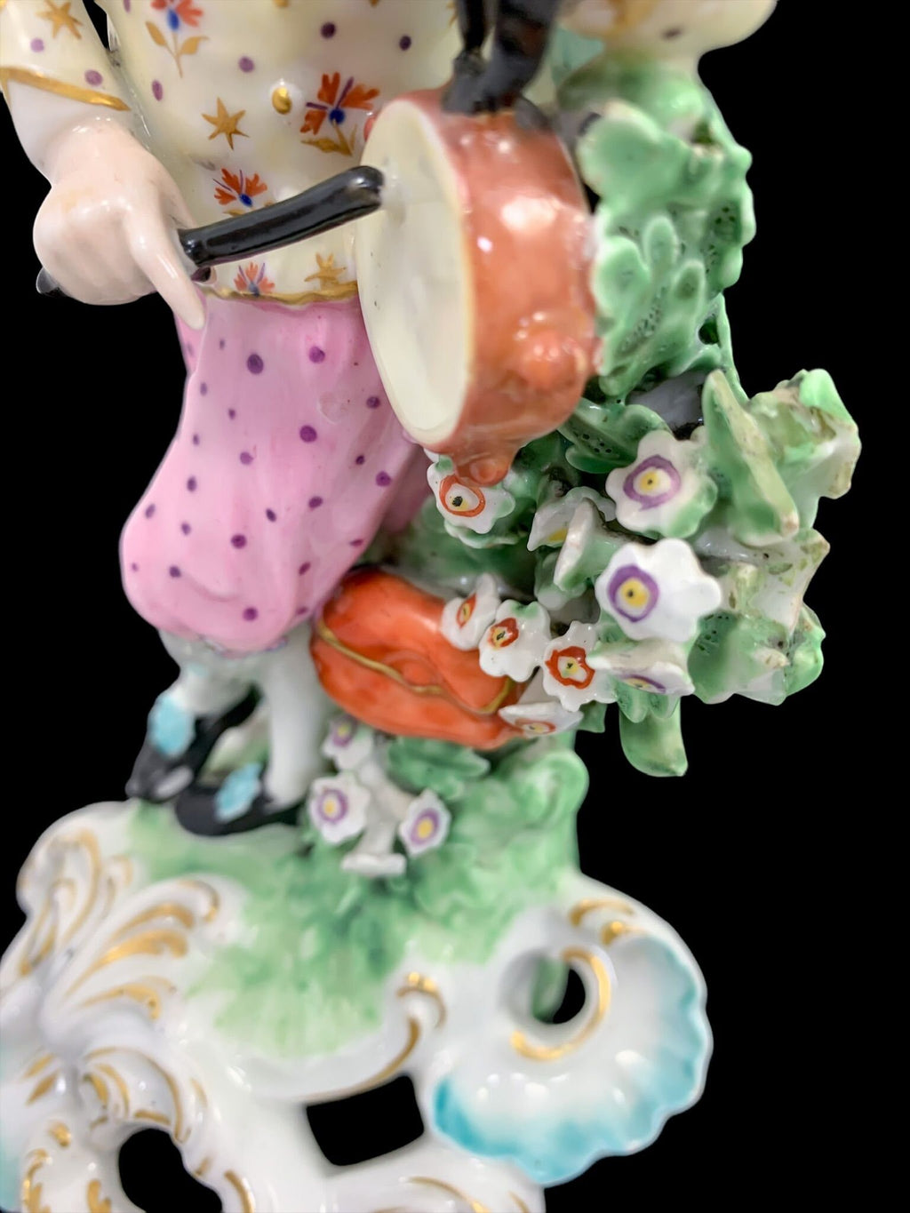 Early Derby soft-paste porcelain figurine "Piper" musician with pipe and tabor, c 1765, hand-painted and gilded, with patch marks
