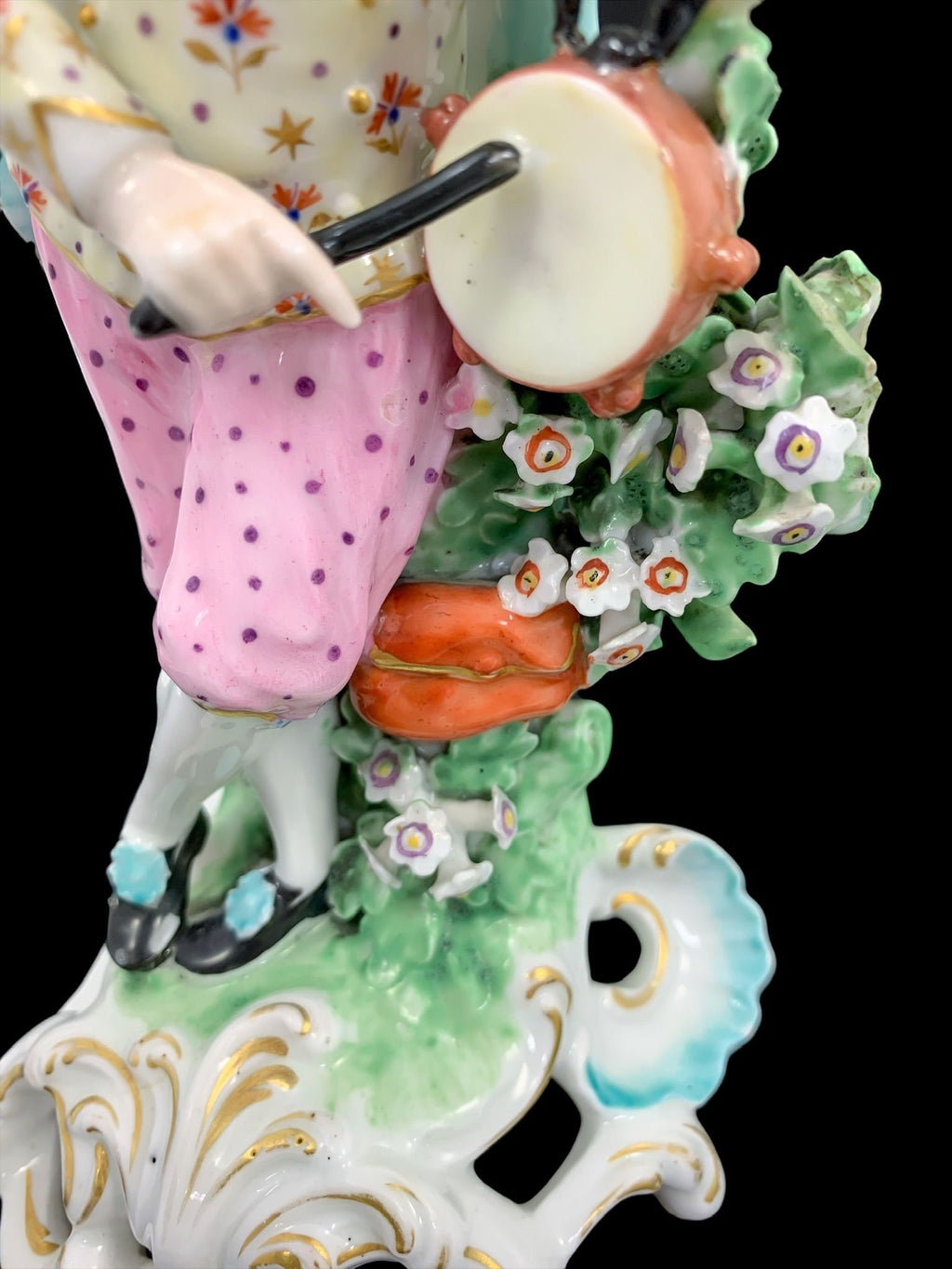 Early Derby soft-paste porcelain figurine "Piper" musician with pipe and tabor, c 1765, hand-painted and gilded, with patch marks