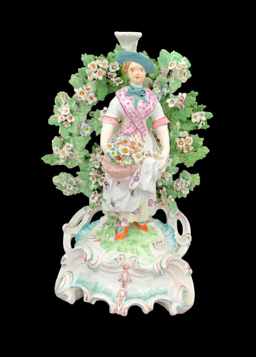 Rare Derby Porcelain Figural Candlesticks: Basket Shepherds, Circa 1765