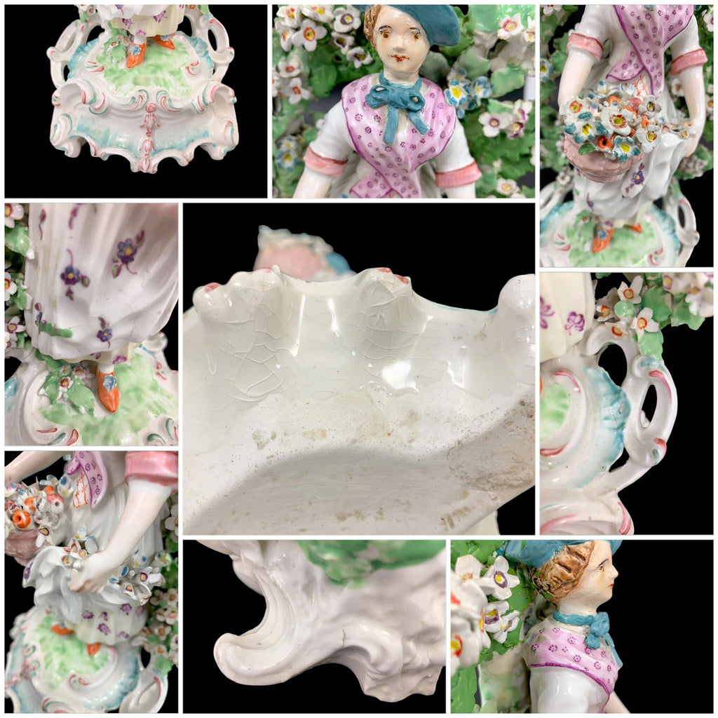Rare Derby Porcelain Figural Candlesticks: Basket Shepherds, Circa 1765