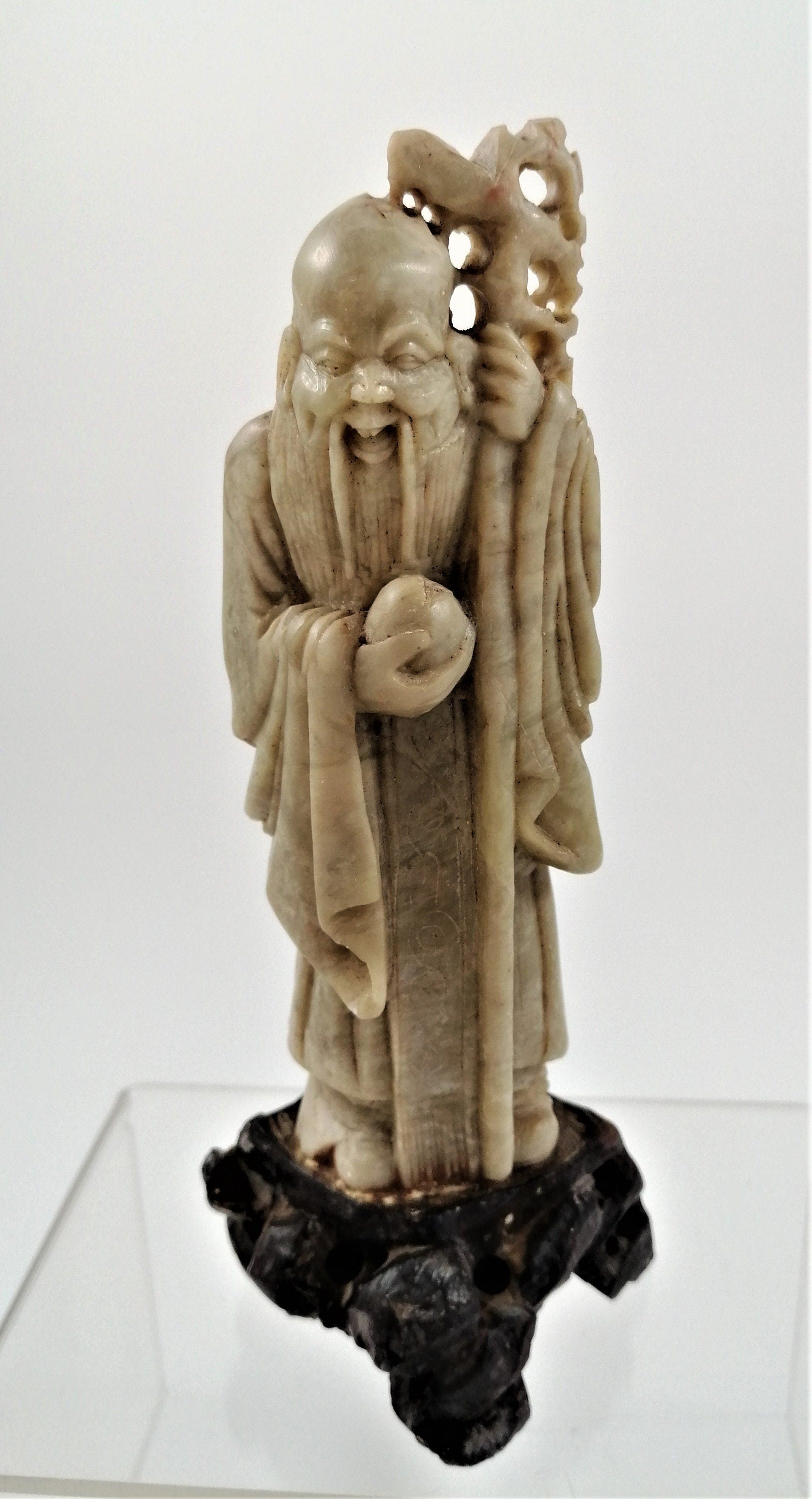 Antique Carved Soapstone Shou Figurine: Chinese God of Longevity