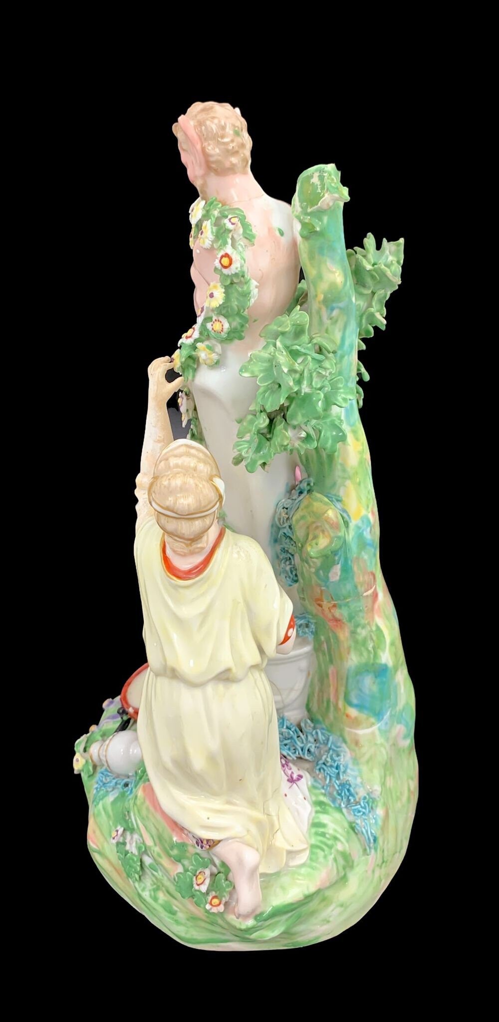 Antique Derby Porcelain Figure: Two Bacchantes Adorning Pan, c1765