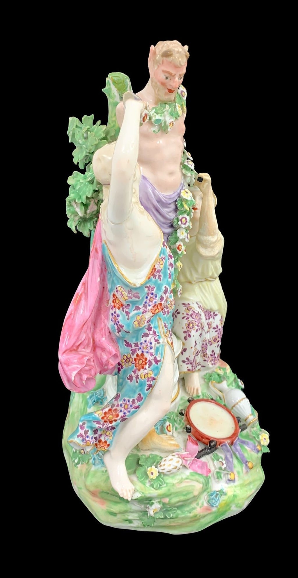 Antique Derby Porcelain Figure: Two Bacchantes Adorning Pan, c1765