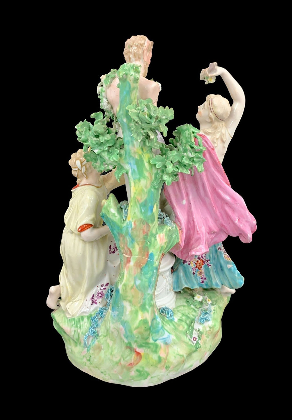 Antique Derby Porcelain Figure: Two Bacchantes Adorning Pan, c1765