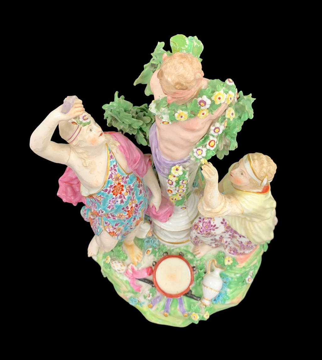 Antique Derby Porcelain Figure: Two Bacchantes Adorning Pan, c1765