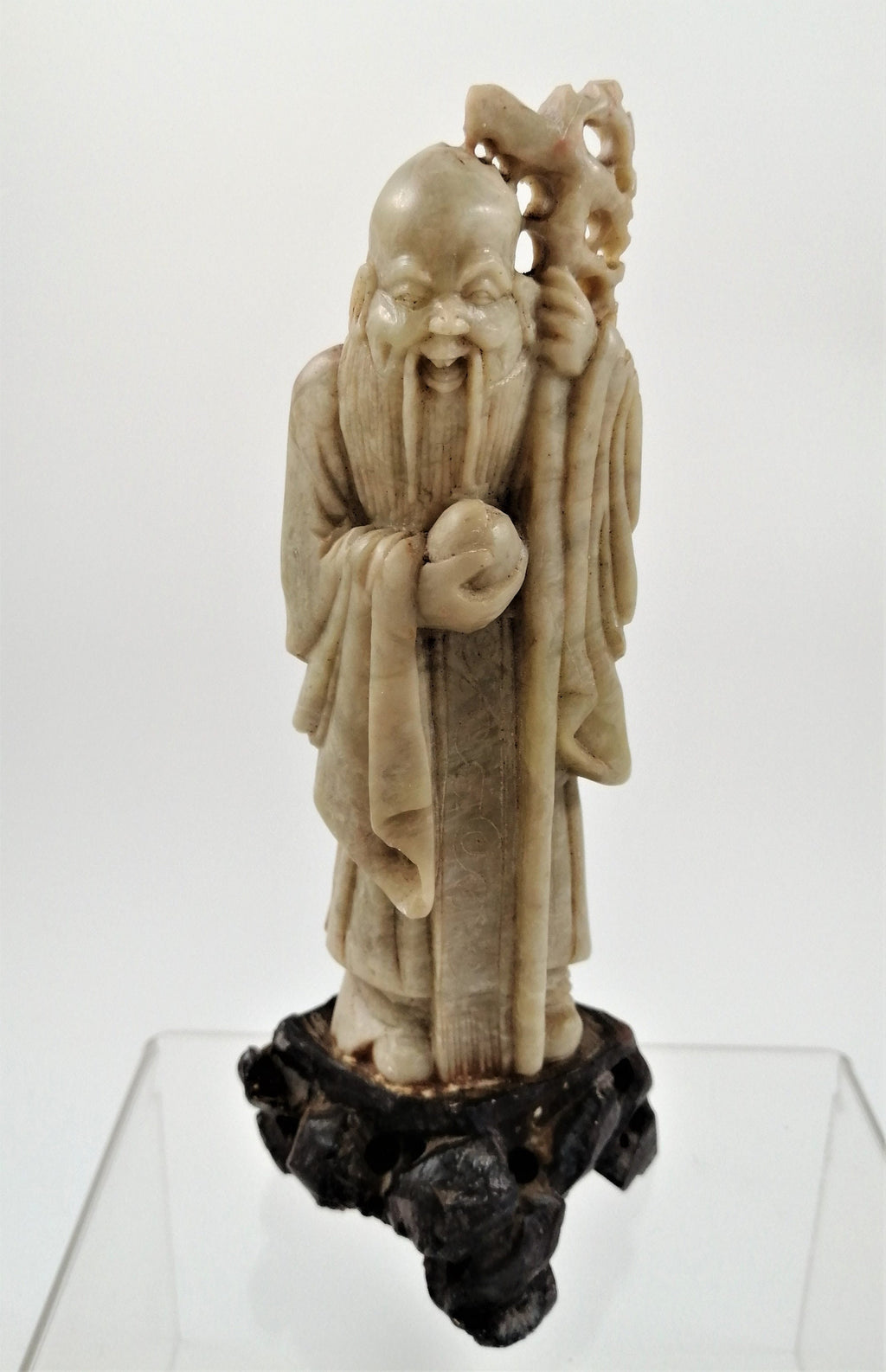 Antique Carved Soapstone Shou Figurine: Chinese God of Longevity