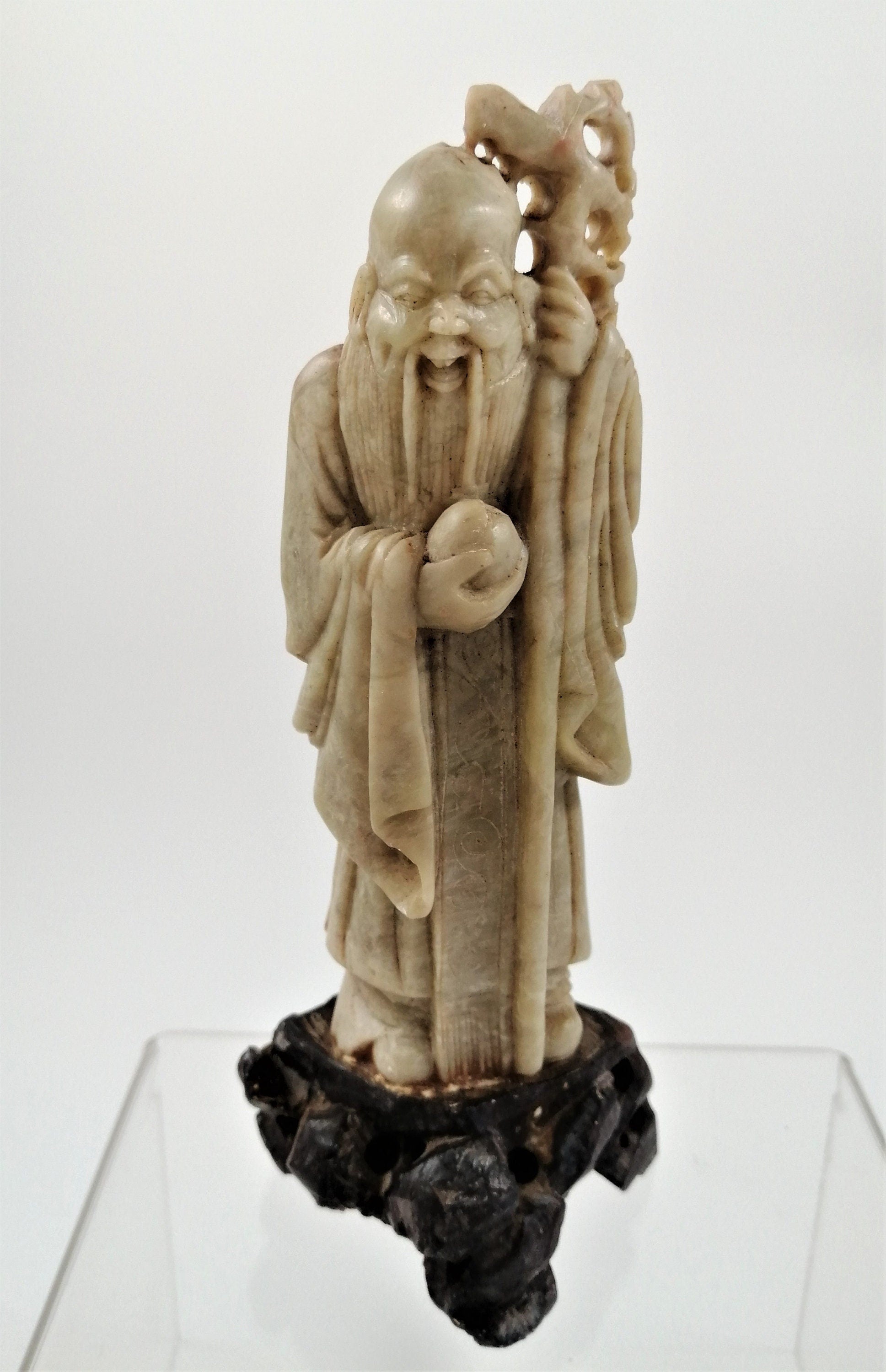 Antique Carved Soapstone Shou Figurine: Chinese God of Longevity