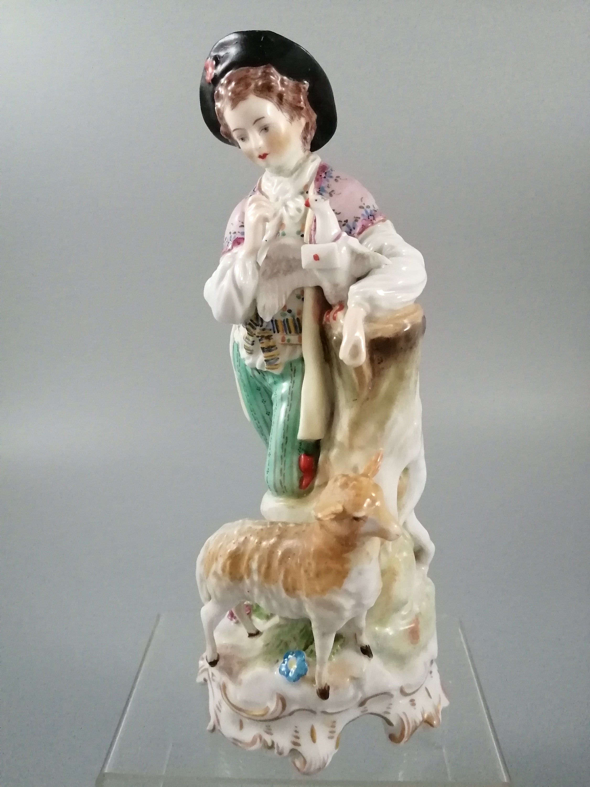 Antique Carl Thieme Dresden Porcelain Shepherd Figurine, Lamb & Dove, 1901
