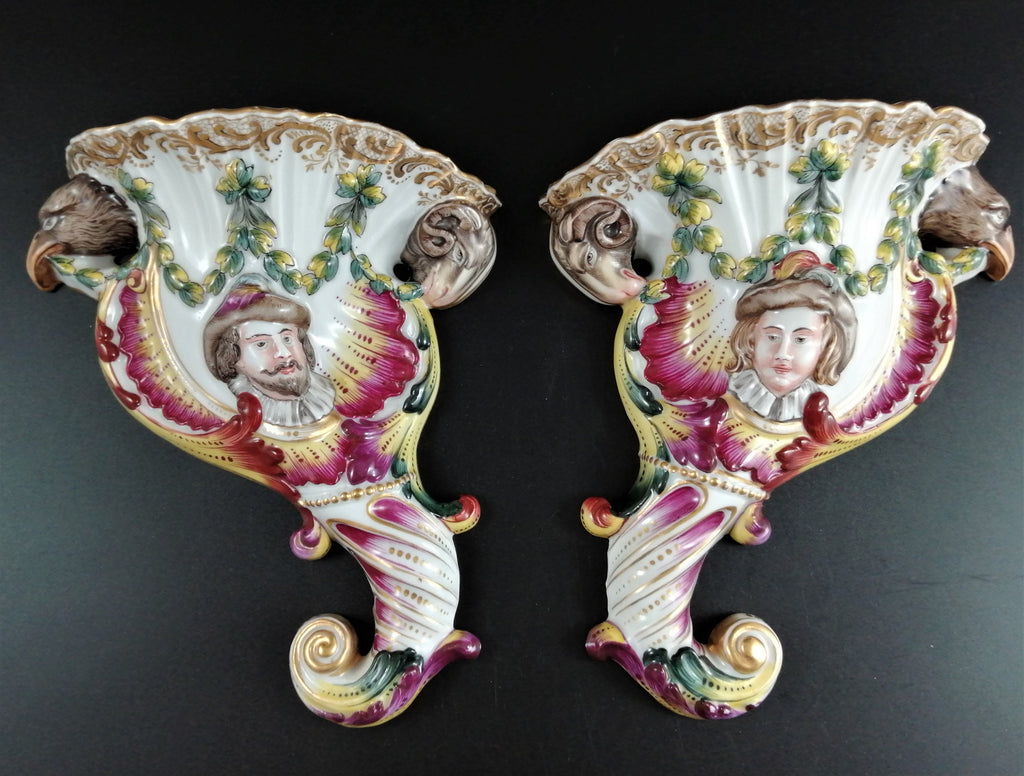 Antique Volkstedt Porcelain Wall Pockets: Relief Cornucopia, 1800s