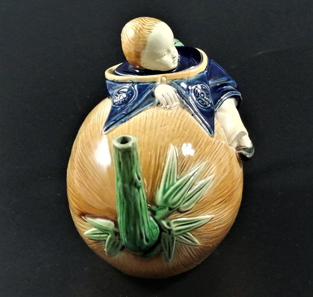 Antique Joseph Holdcroft majolica teapot Chinaman on a melon,с.1870.Very rare