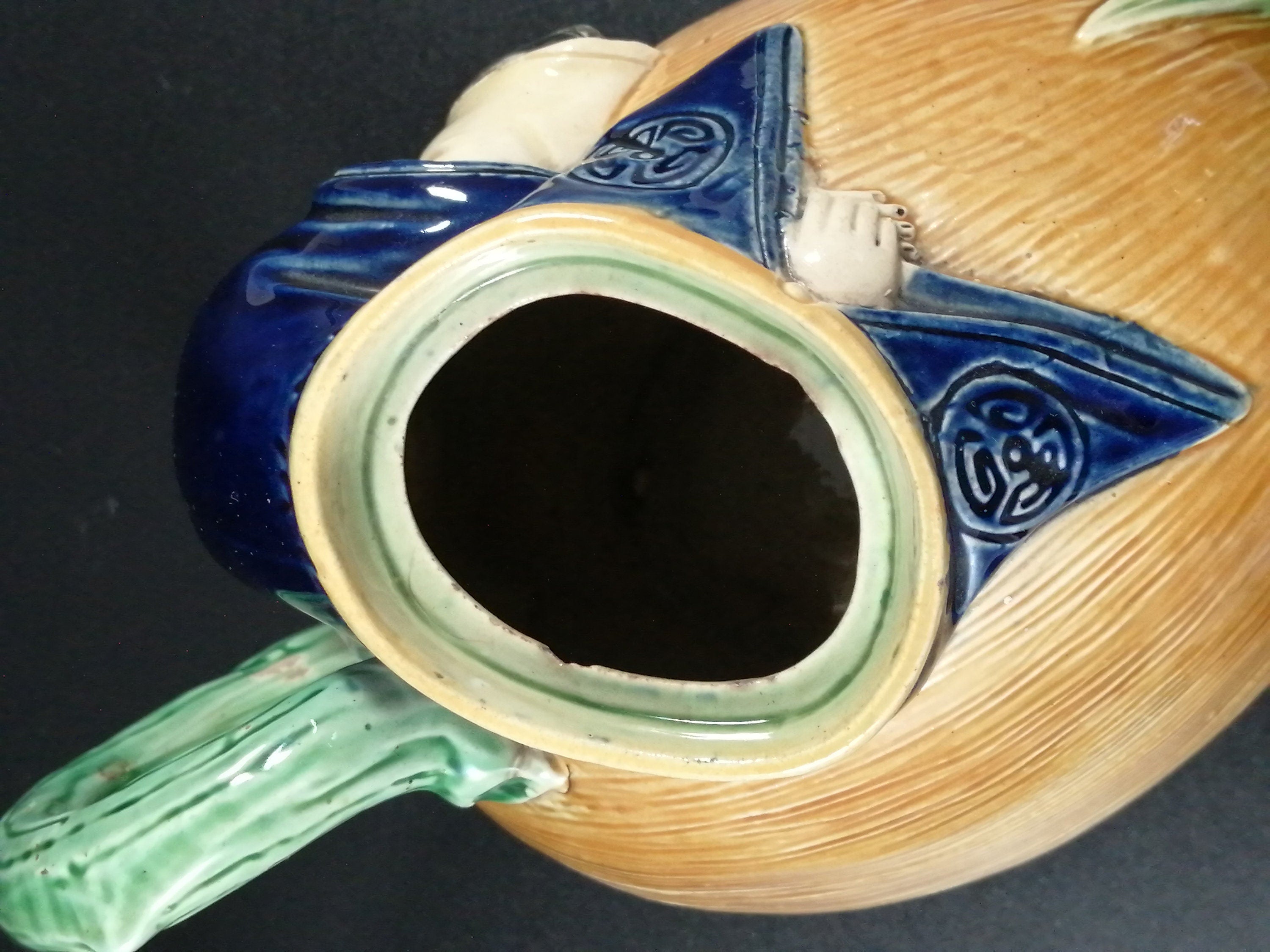 Antique Joseph Holdcroft majolica teapot Chinaman on a melon,с.1870.Very rare