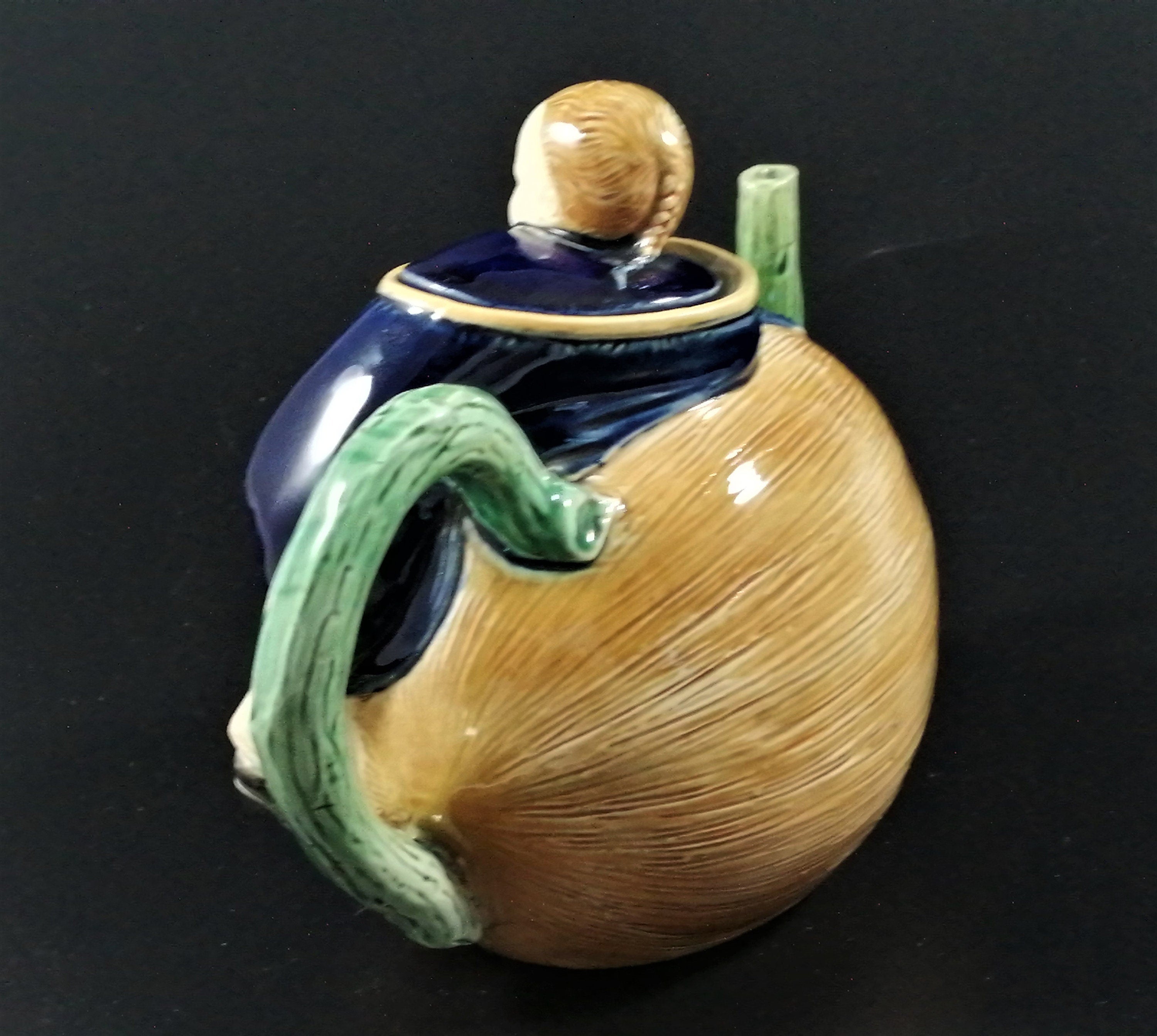 Antique Joseph Holdcroft majolica teapot Chinaman on a melon,с.1870.Very rare
