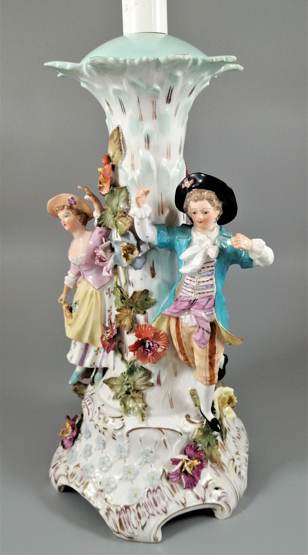 Antique Carl Thieme Porcelain Figural Lamp: Rococo Decor, Germany 1888