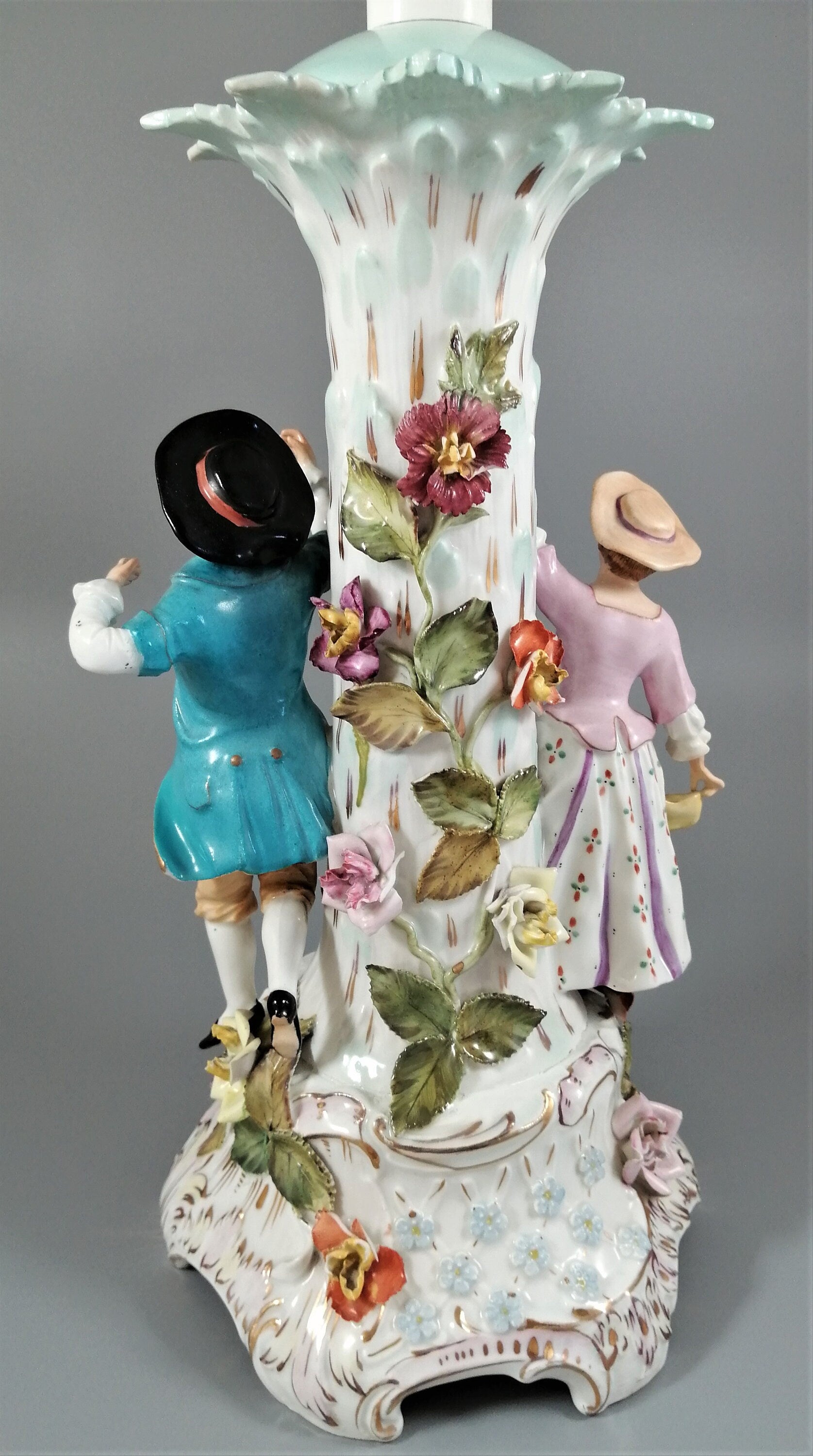 Antique Carl Thieme Porcelain Figural Lamp: Rococo Decor, Germany 1888