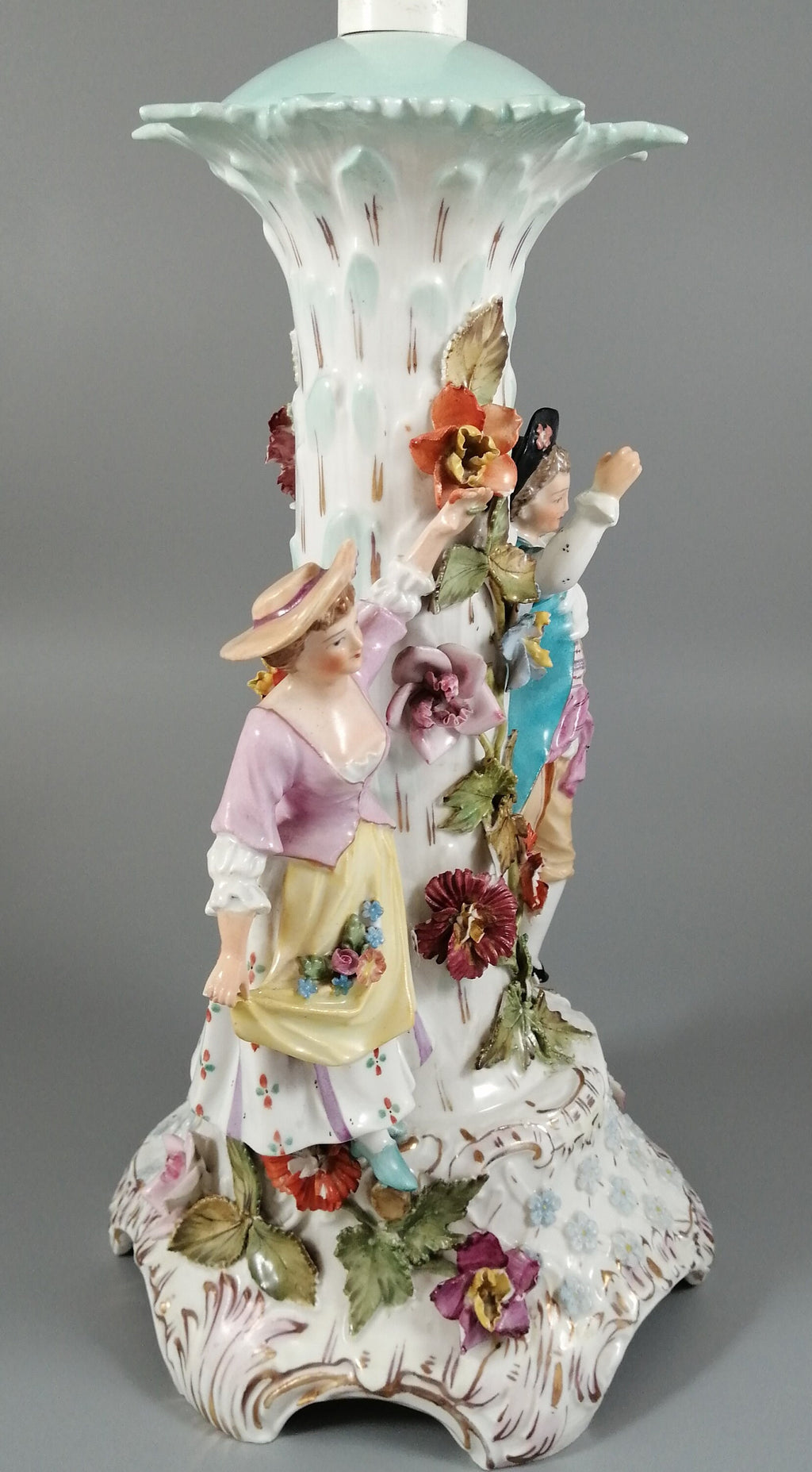 Antique Carl Thieme Porcelain Figural Lamp: Rococo Decor, Germany 1888