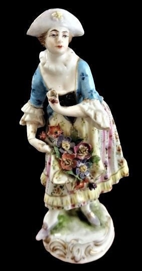 Antique Bavarian porcelain figurine of lady with flowers, Lenck Family, 1840’s
