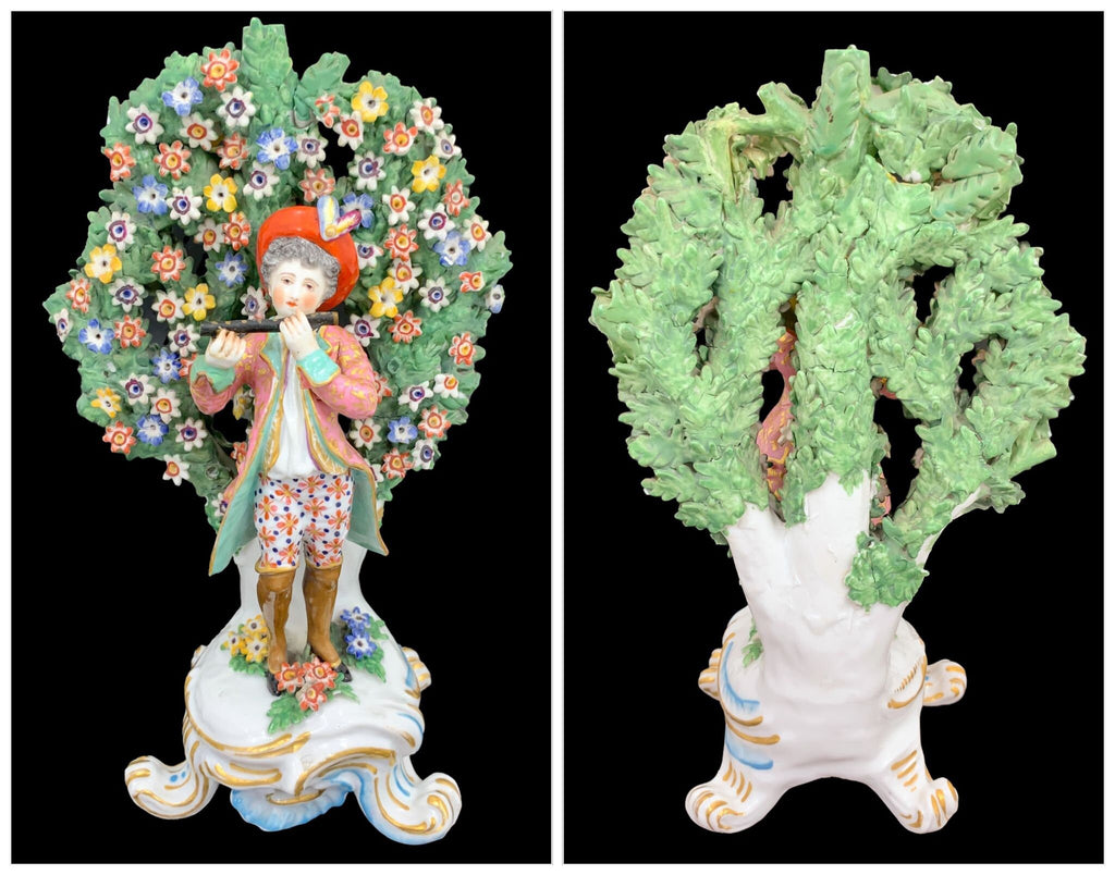 A pair of 18th century Chelsea – Derby bocage porcelain figurines.