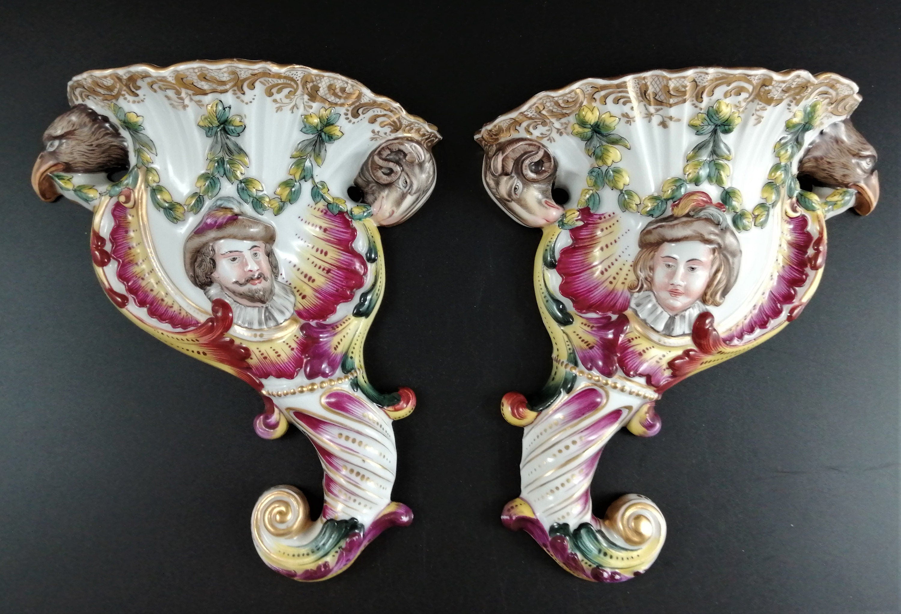 Antique Volkstedt Porcelain Wall Pockets: Relief Cornucopia, 1800s