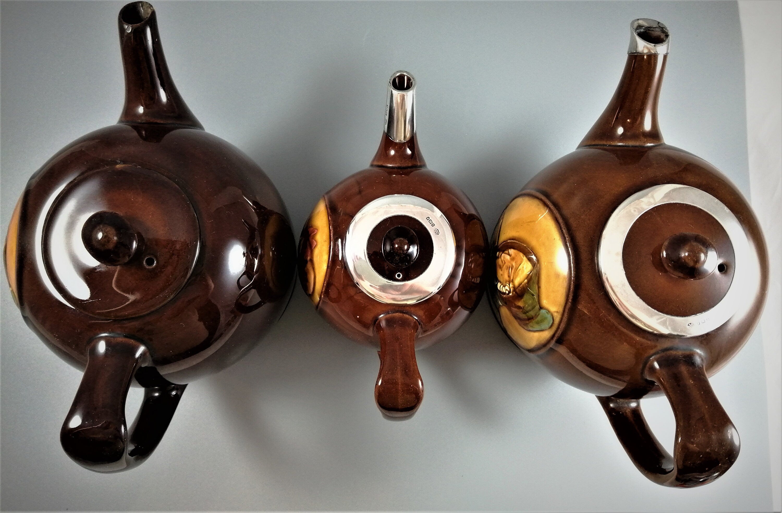 Antique Royal Doulton Kingsware Teapot Trio: Sterling Silver Mounts, Treacleware