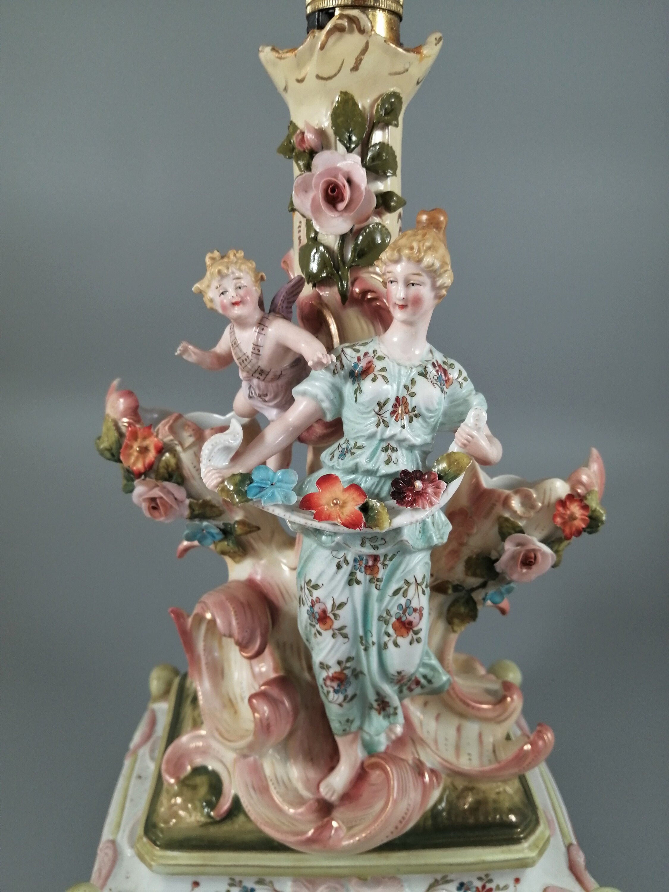 Antique porcelain figural lamp with cherubs,Сonta & Boehme, 19th century
